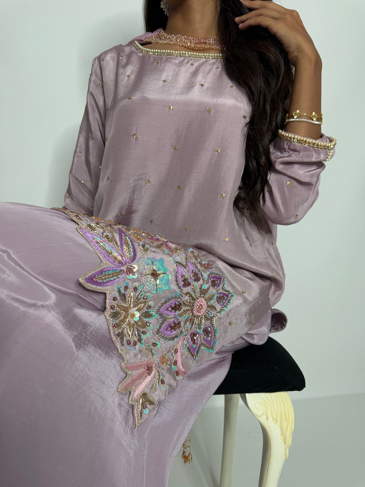 LILAC SILK EMBROIDERED SHARARA THREE PIECE SUIT | THE LILIANA