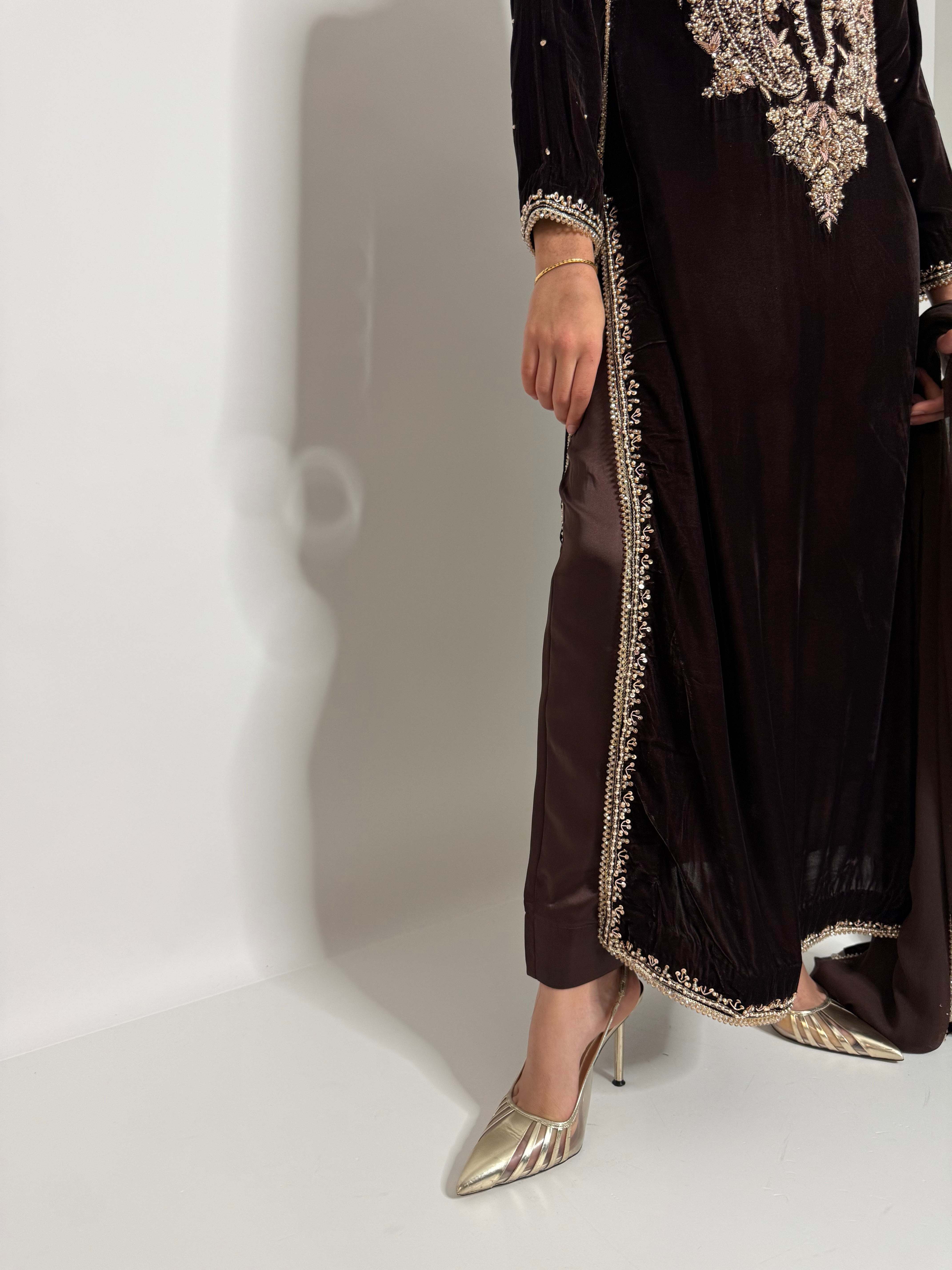Espresso Royale – Luxury Micro Velvet Pakistani 3 Piece Suit with Golden Handwork