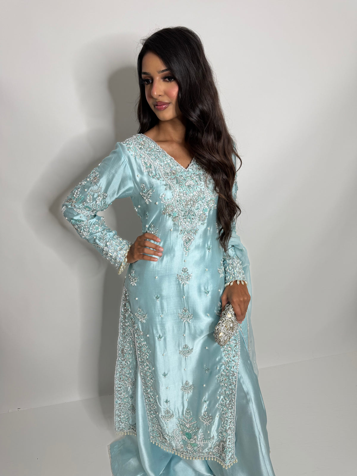 ÉLODIE ICE BLUE HAND EMBELLISHED SILK THREE PIECE SUIT