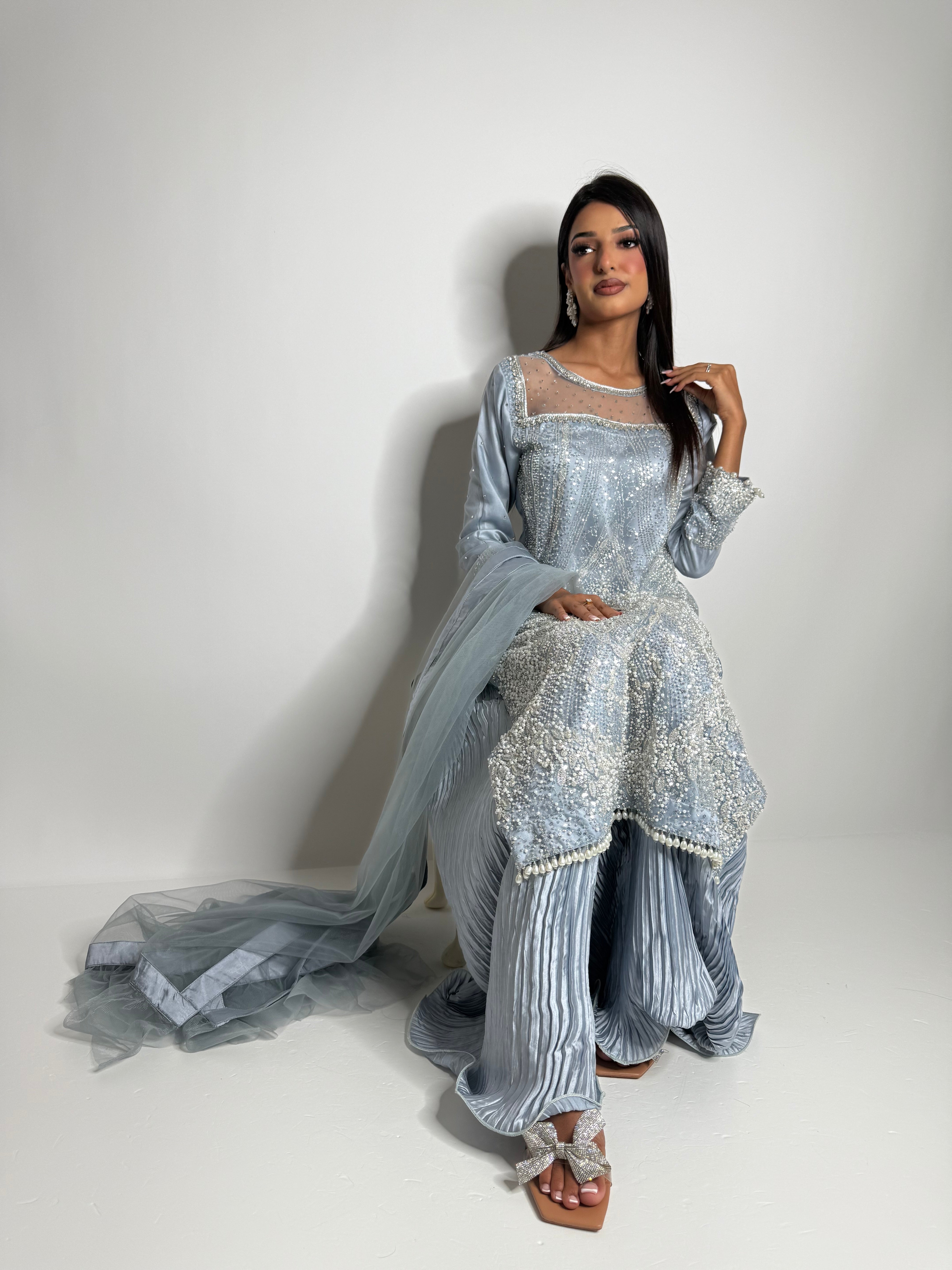 Blue Pakistani wedding guest suit with embroidery and trousers – Ameliyana Boutique