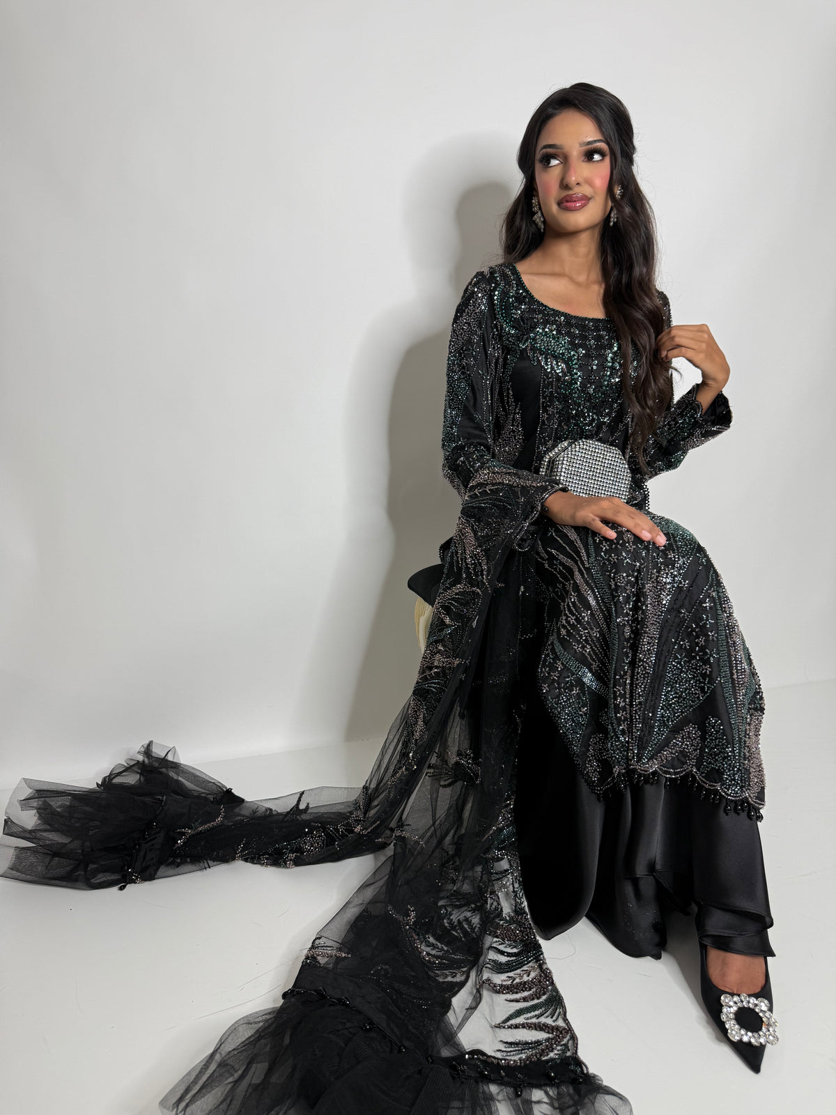 Amara Noir | Black Cutdana Embroidered Sharara Suit