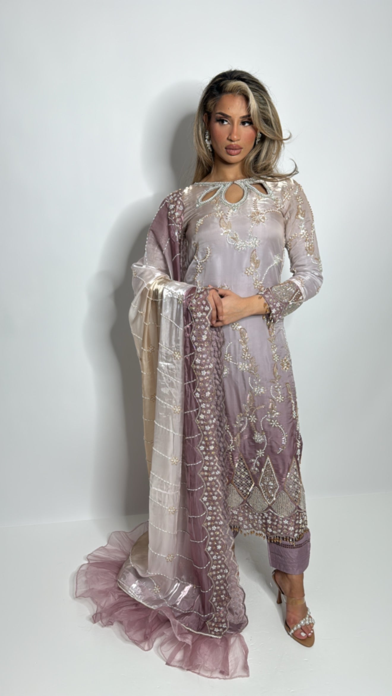 Wedding guest outfit with embroidered dupatta and trousers