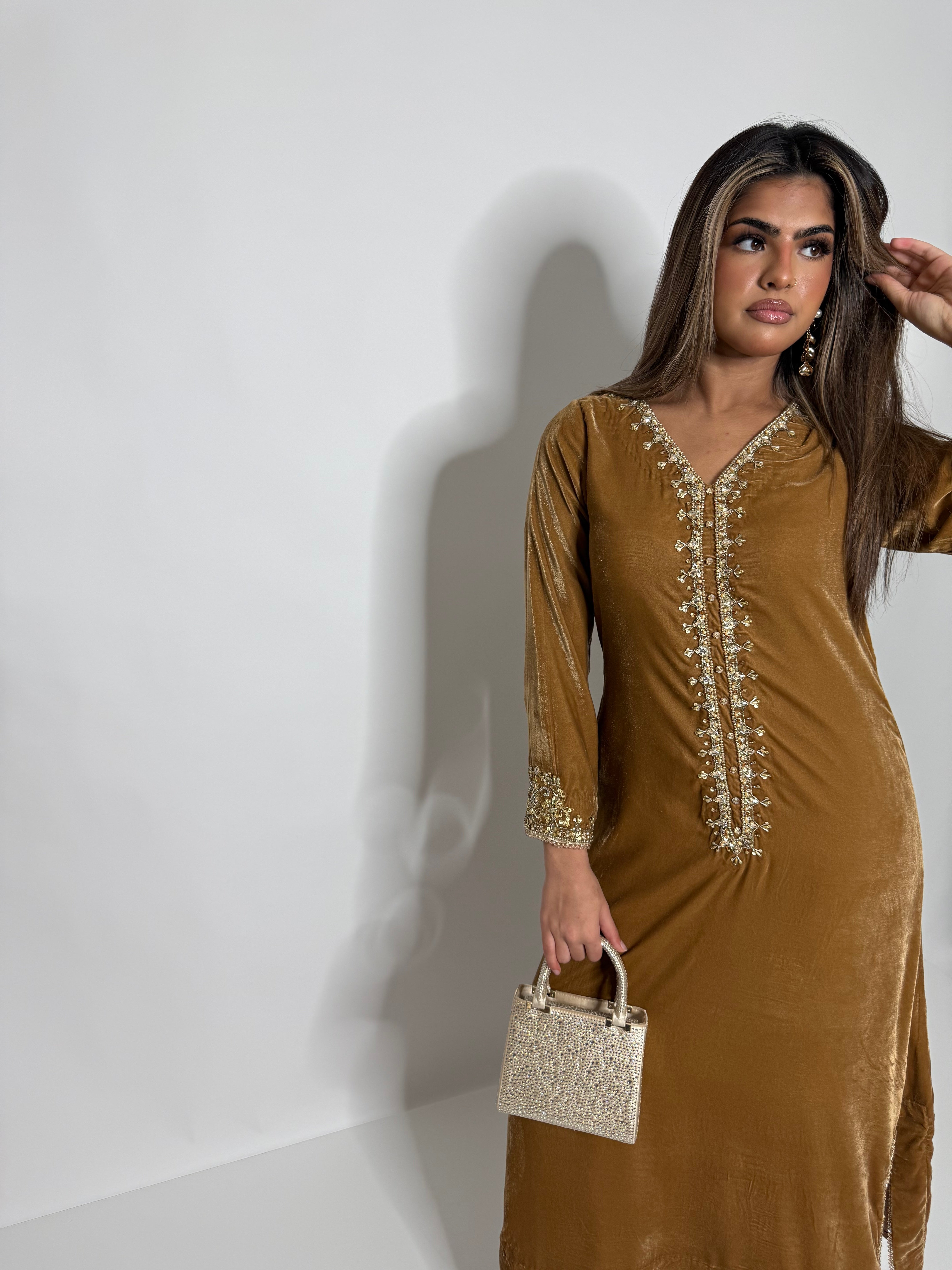 Luxury mustard velvet Eid dress with chiffon dupatta