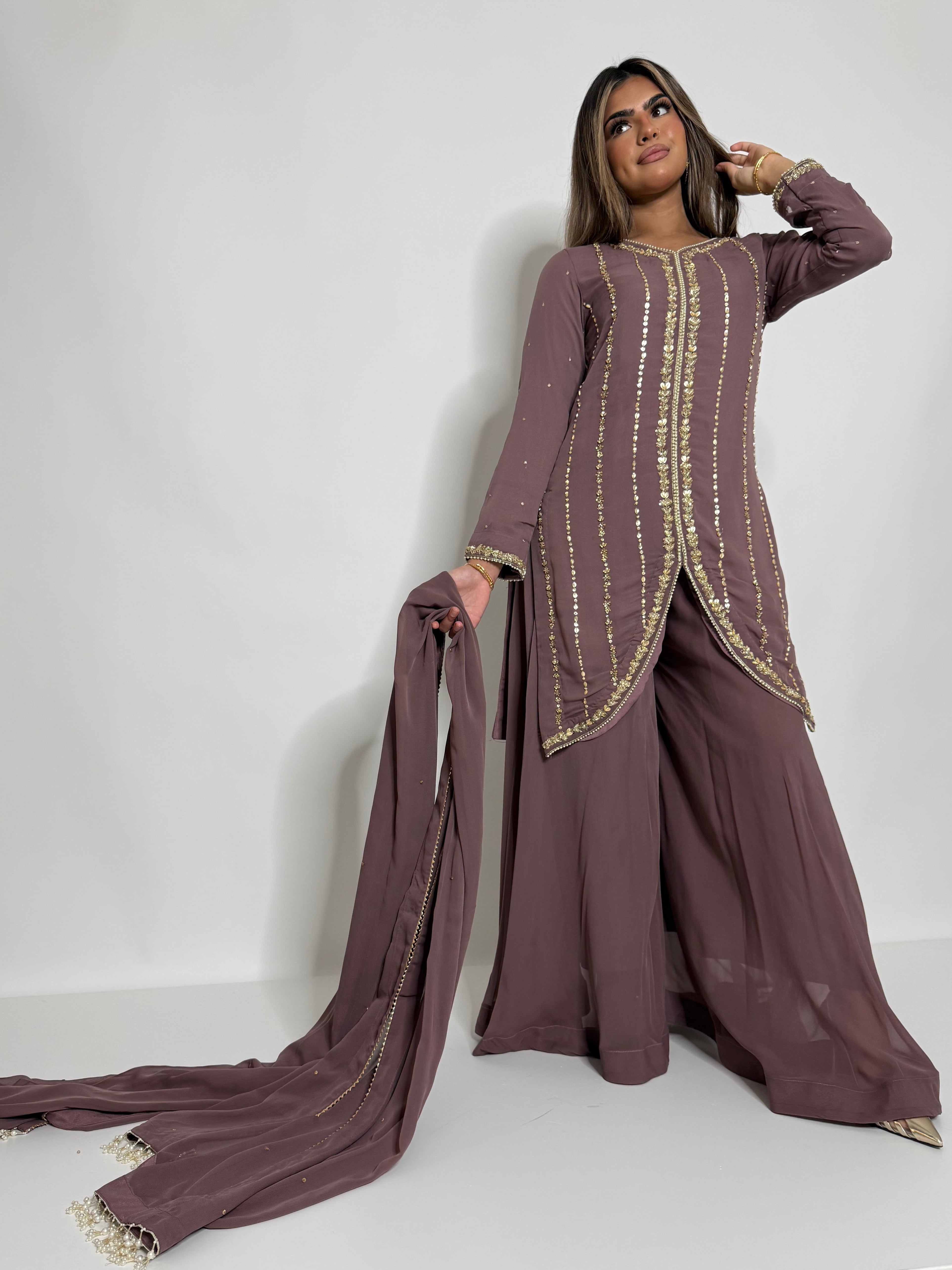 Taupe gold Pakistani sharara suit UK wedding guest outfit
