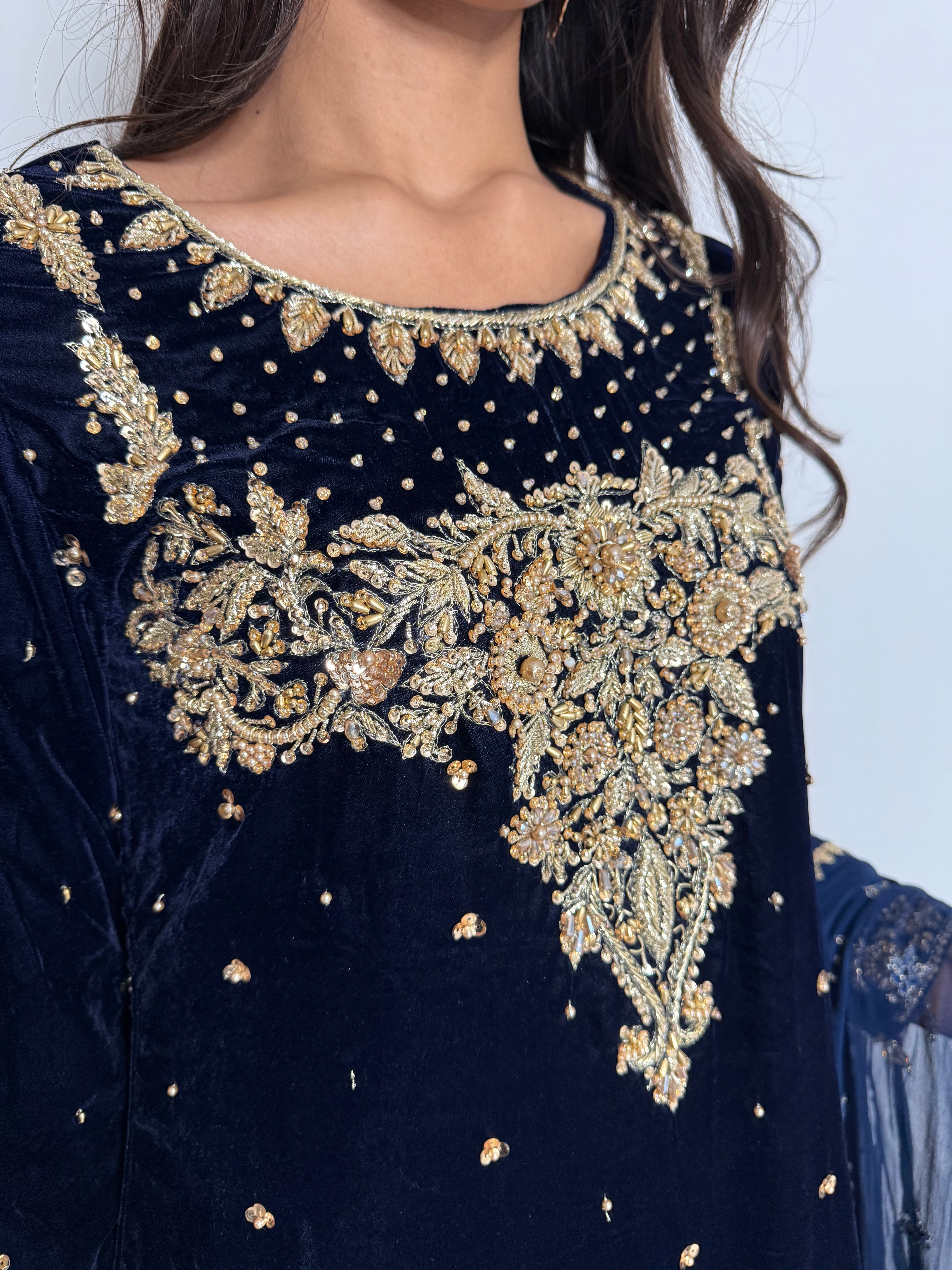 Nerina Navy Velvet Three-Piece Pakistani Wedding Suit
