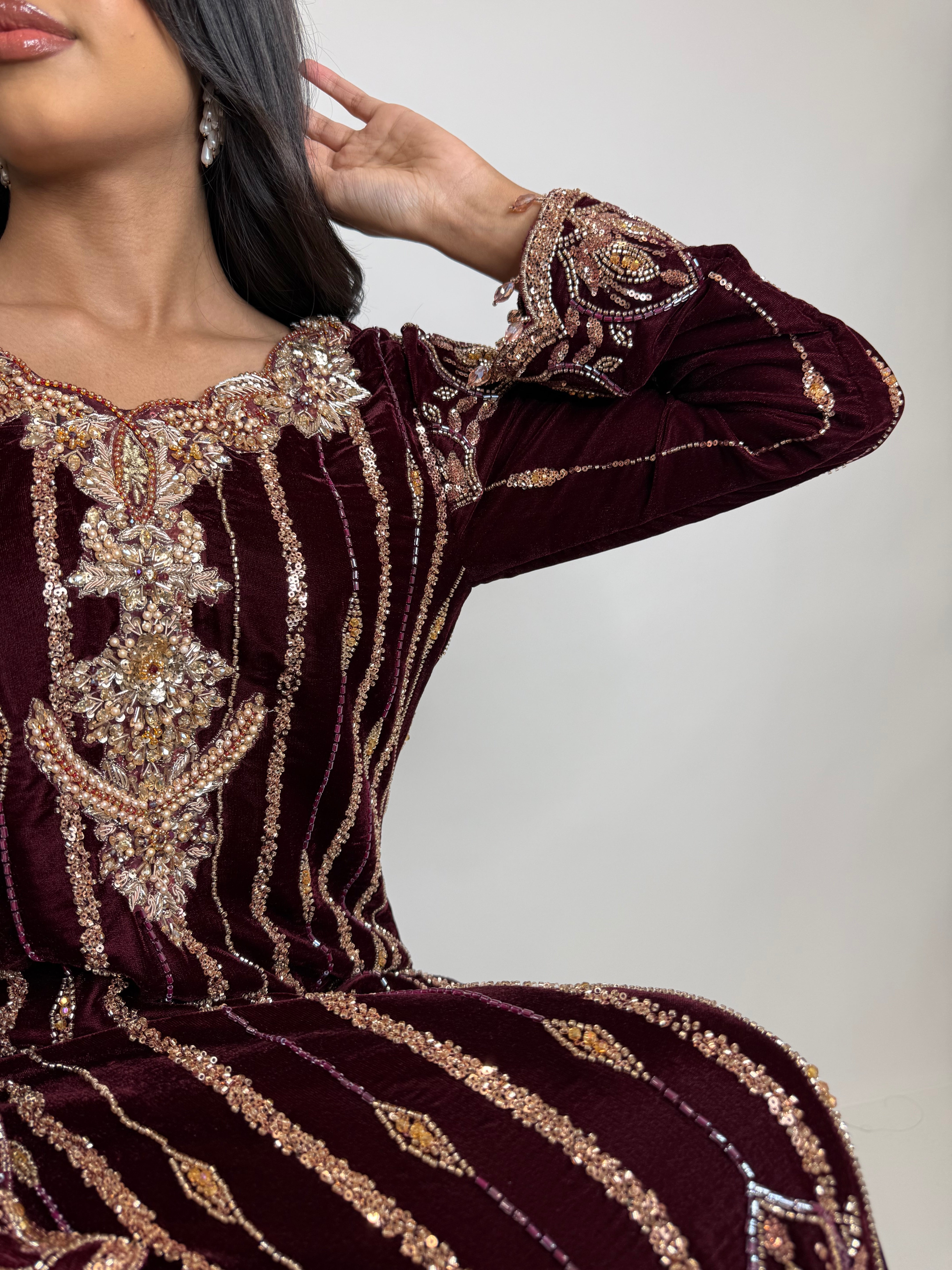 Veloura Wine Velvet Cutdana Embroidered Pakistani Suit (3 Piece)