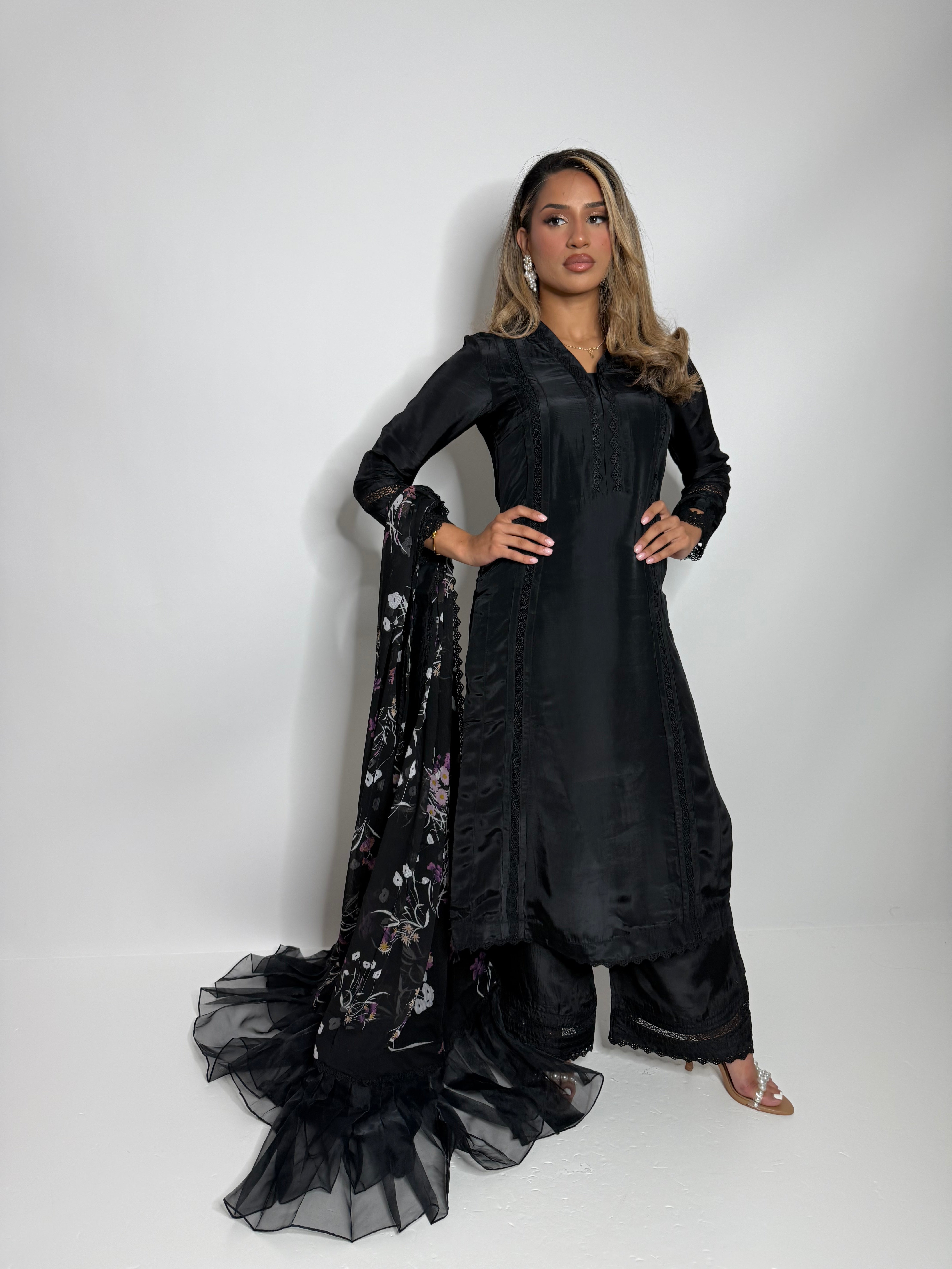 Maelis Noir Silk Three-Piece with Printed Dupatta