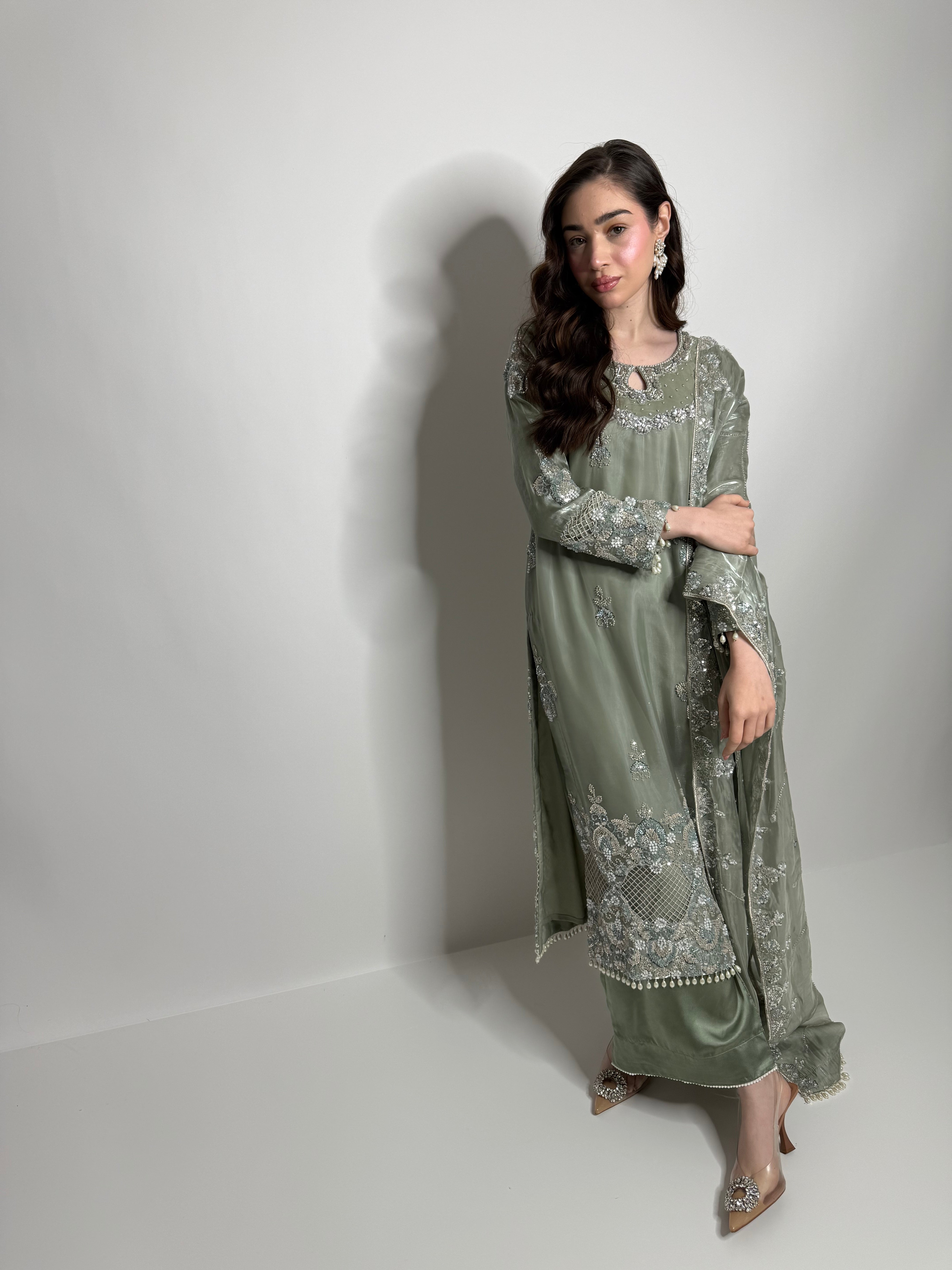 Elowen Sage Cutdana-Embroidered Three-Piece Eid formal wear