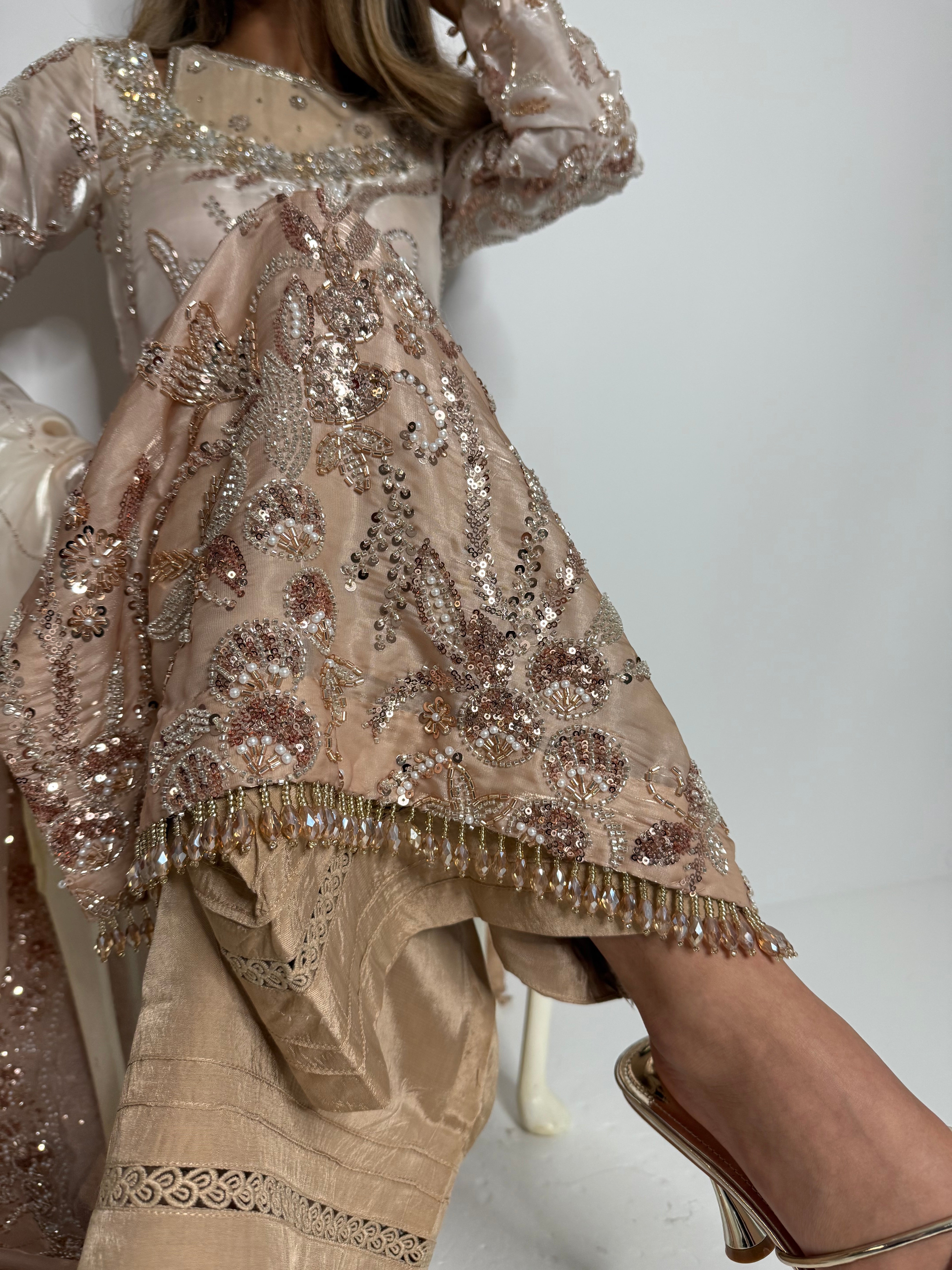 Aureva Nude Embellished Silk Three-Piece