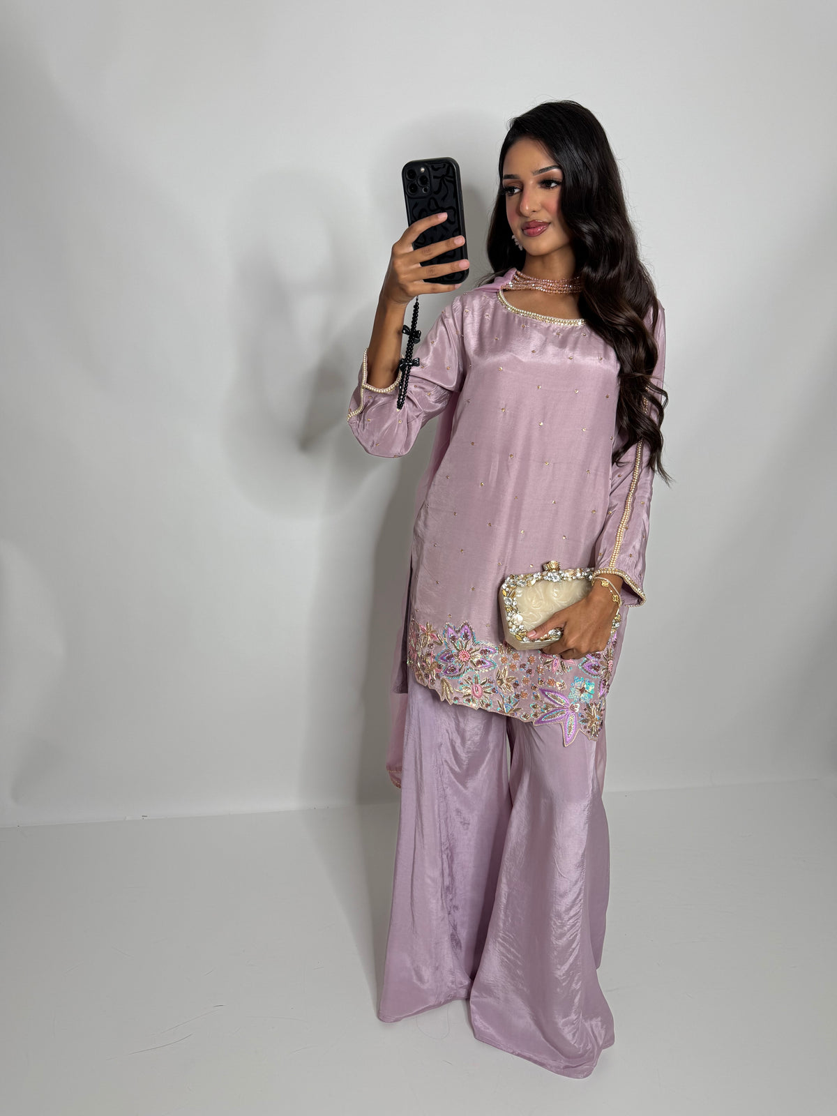 LILAC SILK EMBROIDERED SHARARA THREE PIECE SUIT | THE LILIANA