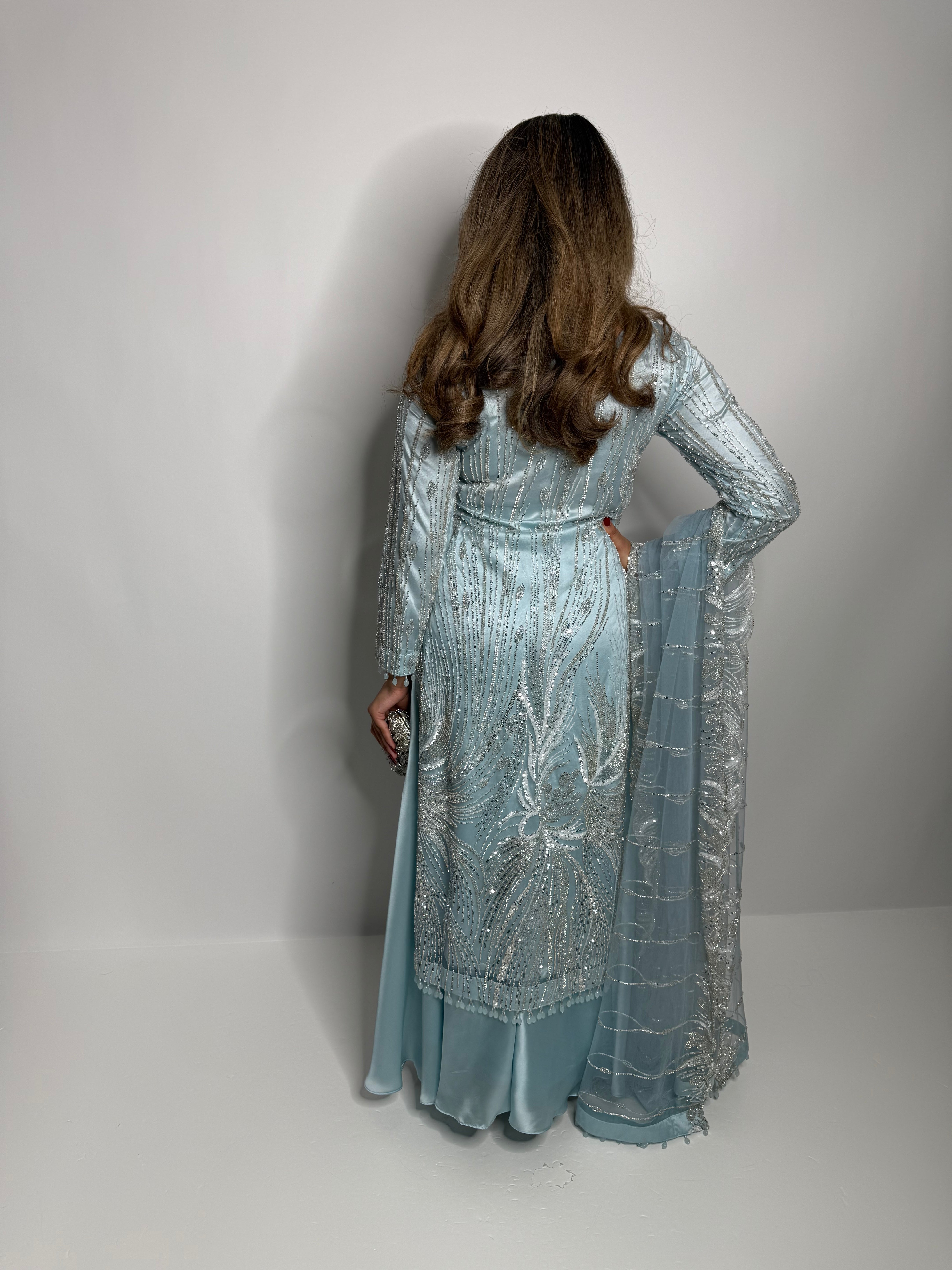 Back embroidery design on Cyrine ice blue cutdana Pakistani outfit