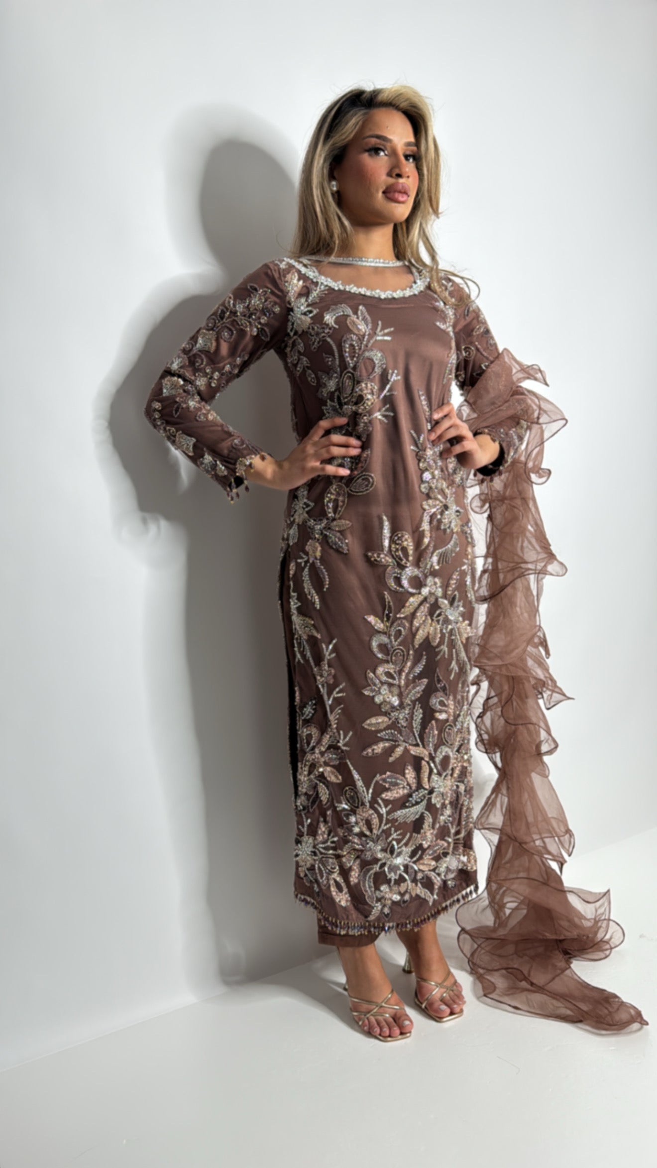 Front, back, and sleeves cutdana embroidery with frill dupatta