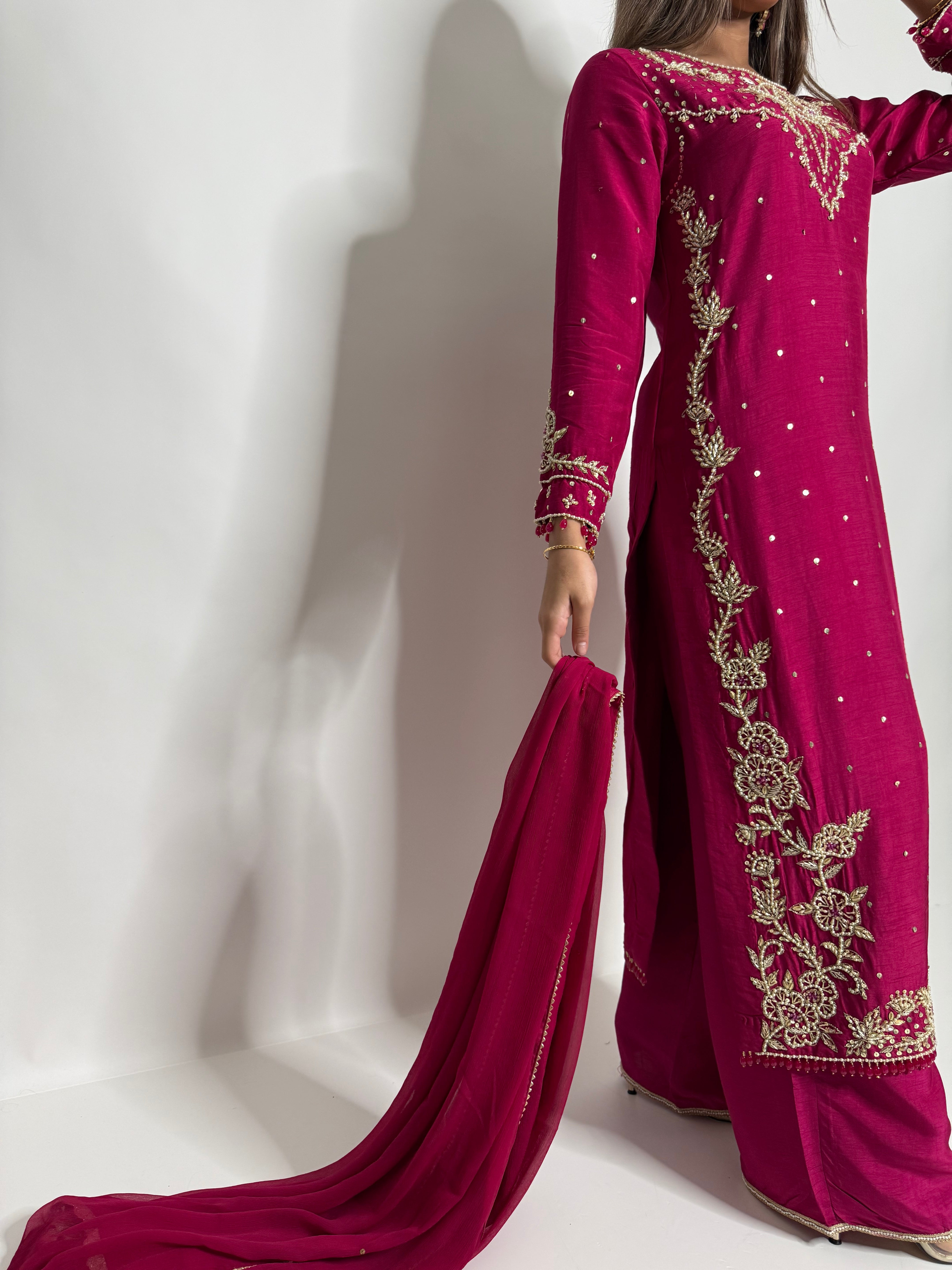 Hot Pink Raw Silk Three Piece Suit UK | The Celestine