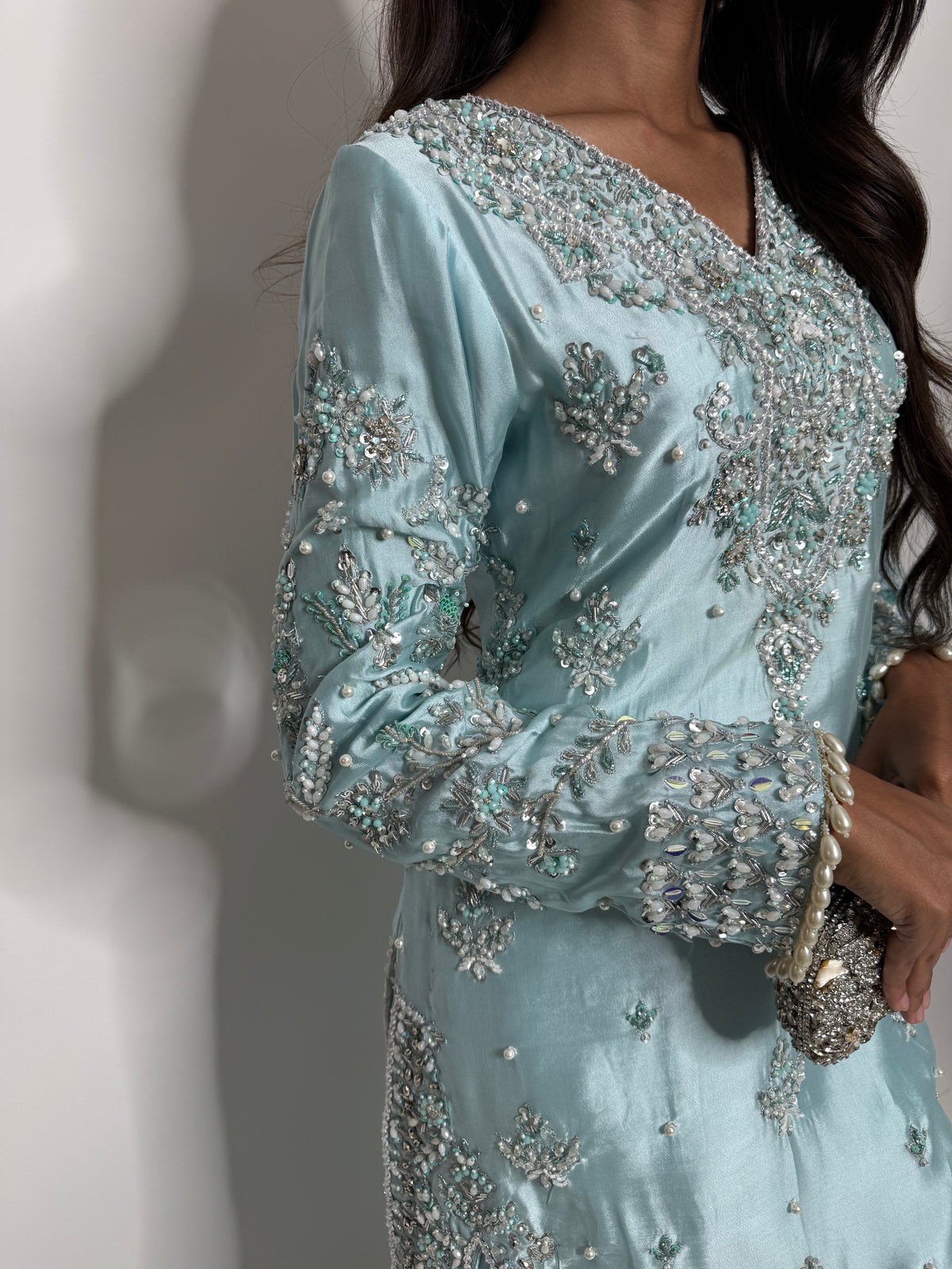 ÉLODIE ICE BLUE HAND EMBELLISHED SILK THREE PIECE SUIT