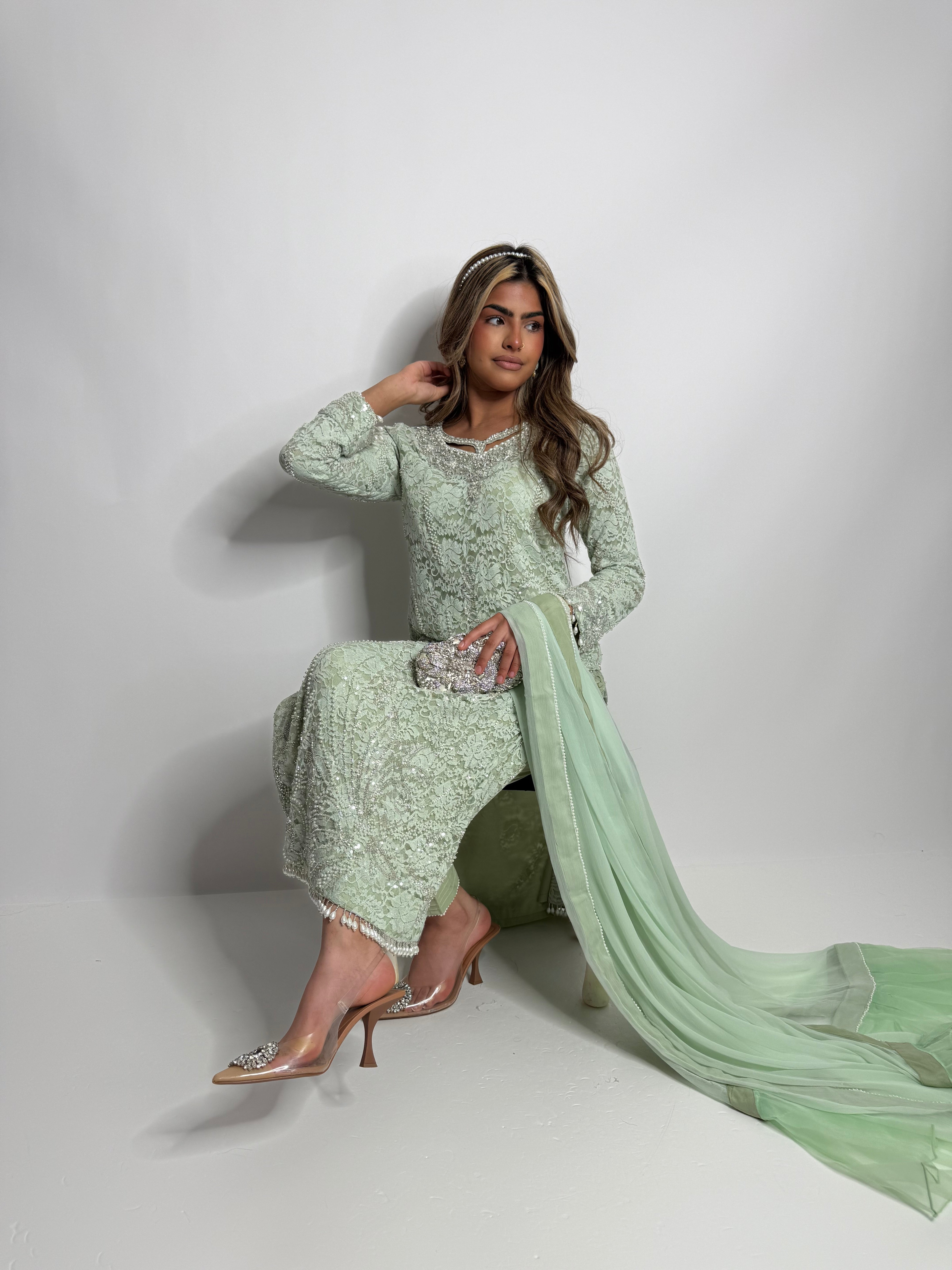 Lyara Mint Crochet-Net Embroidered Pakistani Suit