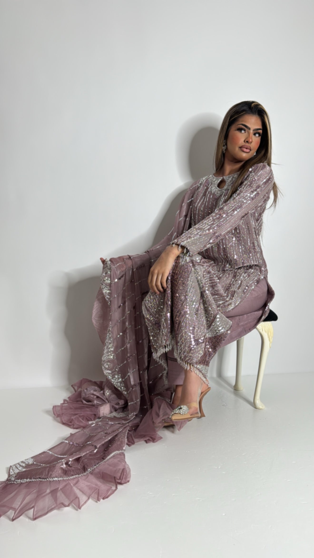 Elegant cutwork trousers paired with silk embroidered shirt
