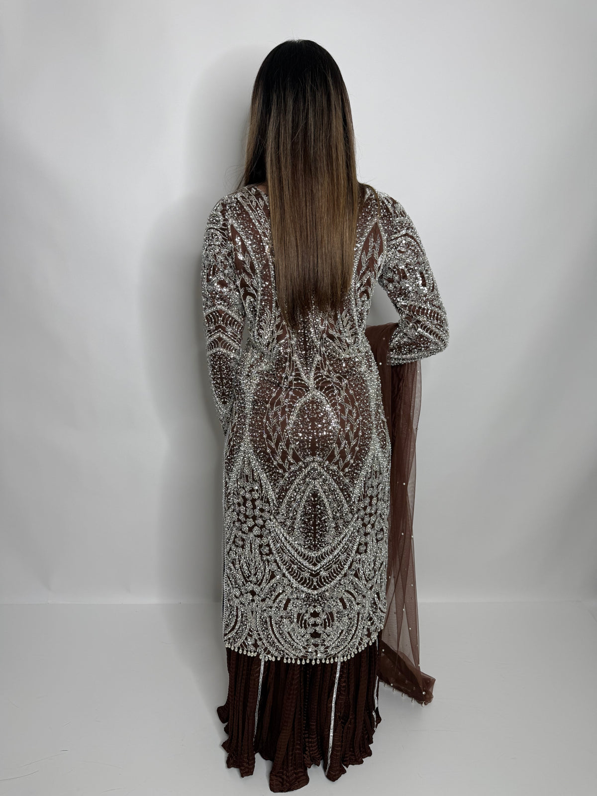Arabella Mocha | Luxury Cutdana Embroidered Pakistani Suit with Sharara – 3 Piece