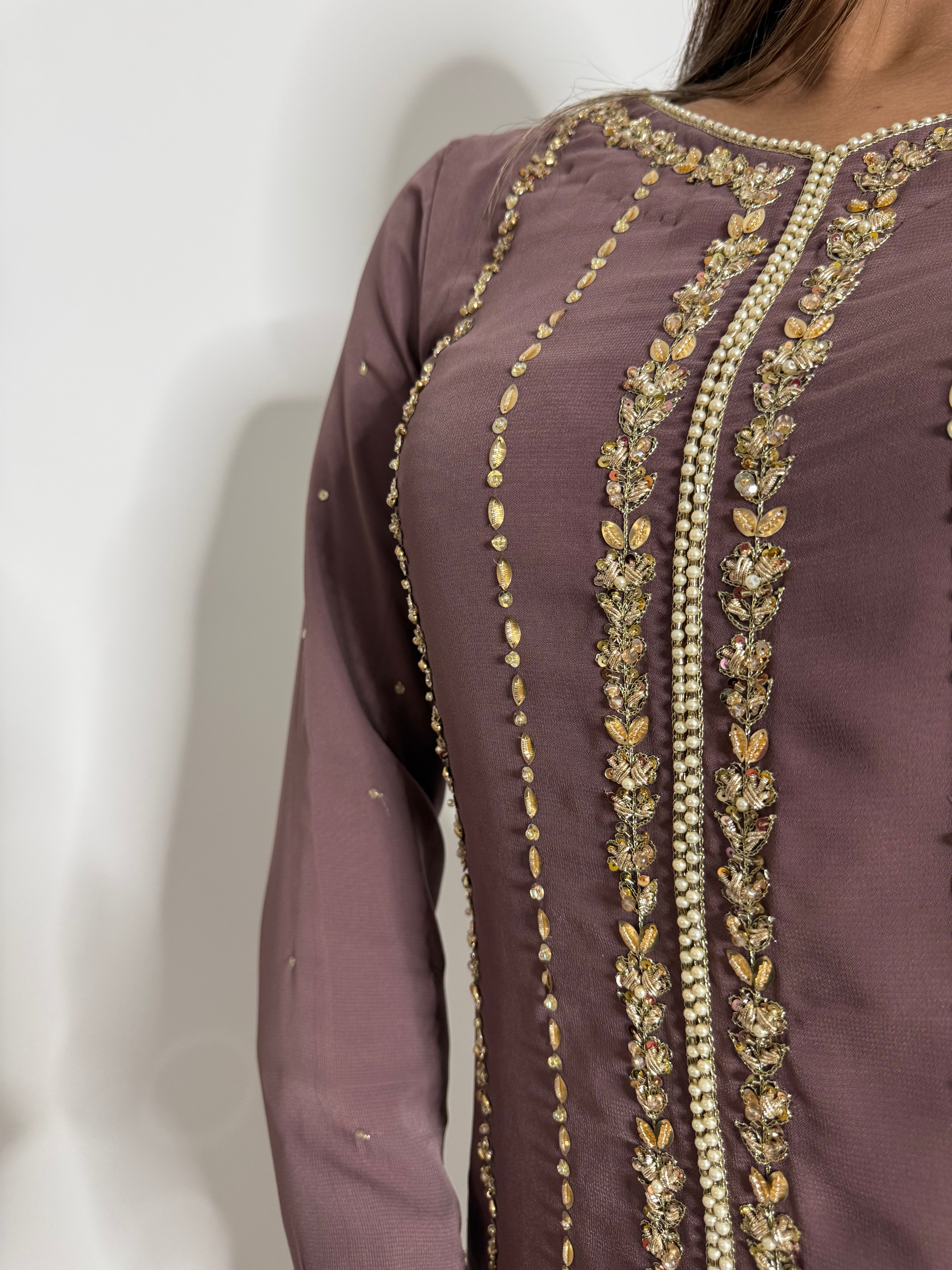 RUMAISA TAUPE GOLD GEORGETTE SHARARA SUIT