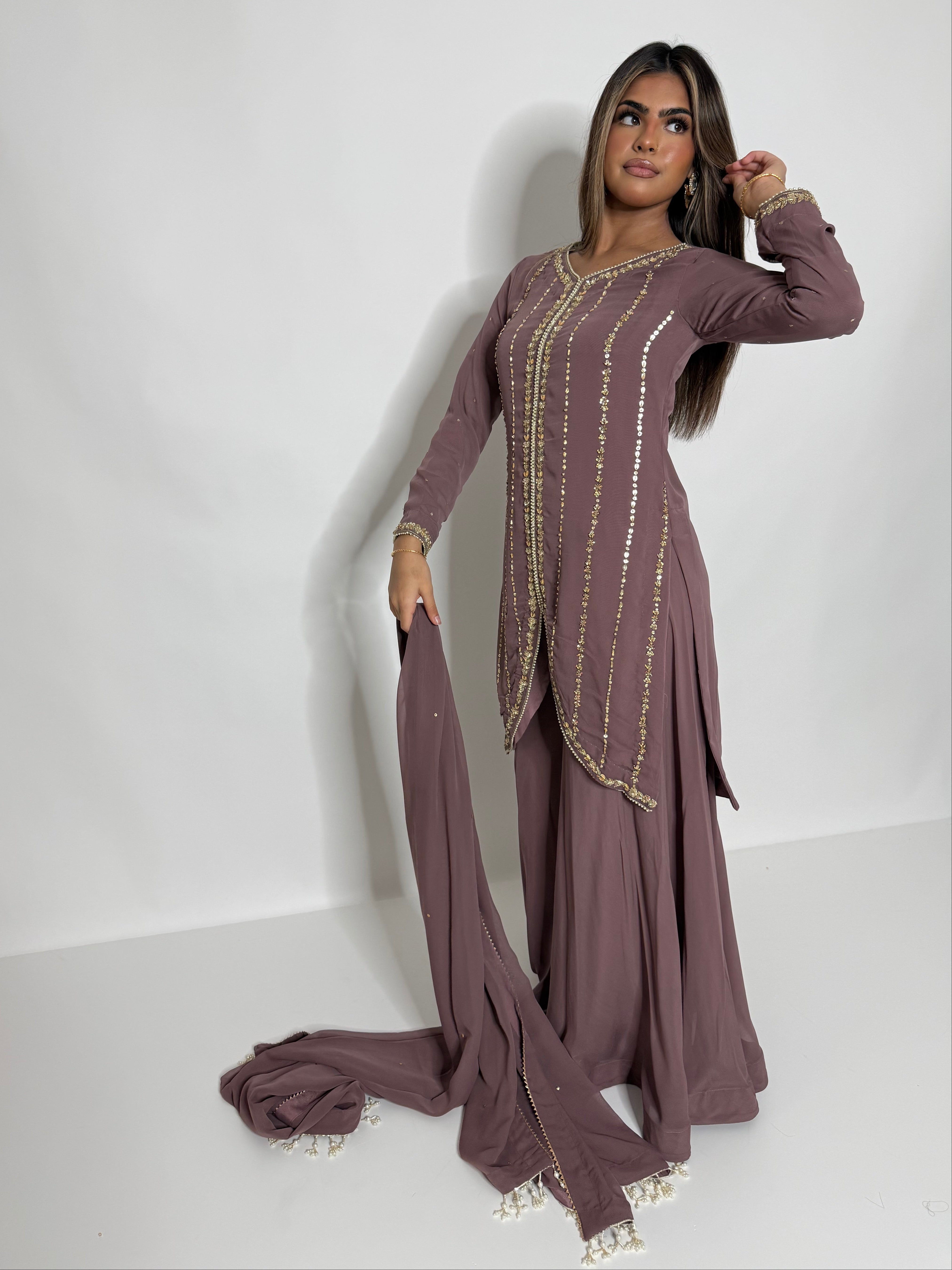 RUMAISA TAUPE GOLD GEORGETTE SHARARA SUIT