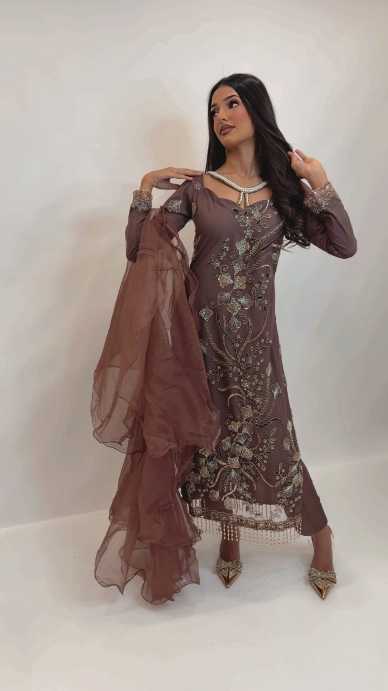 Mirelle Mocha Cutdana Embroidered Pakistani Suit