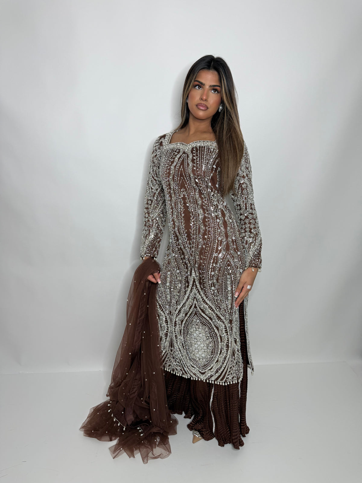 Arabella Mocha | Luxury Cutdana Embroidered Pakistani Suit with Sharara – 3 Piece