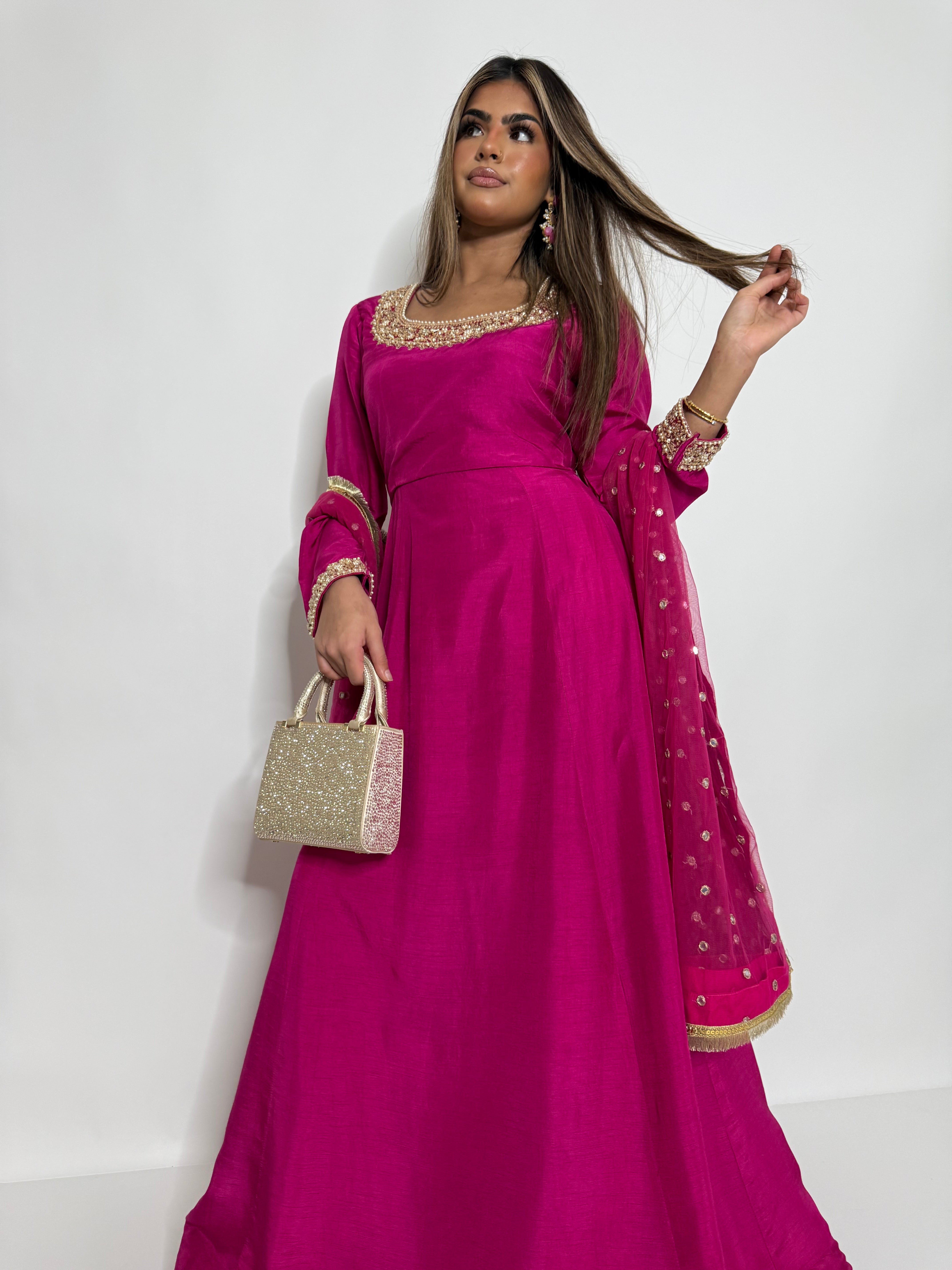 ZOHRA FUCHSIA RAW SILK GOLD EMBROIDERED PAKISTANI EID & MEHNDI DRESS