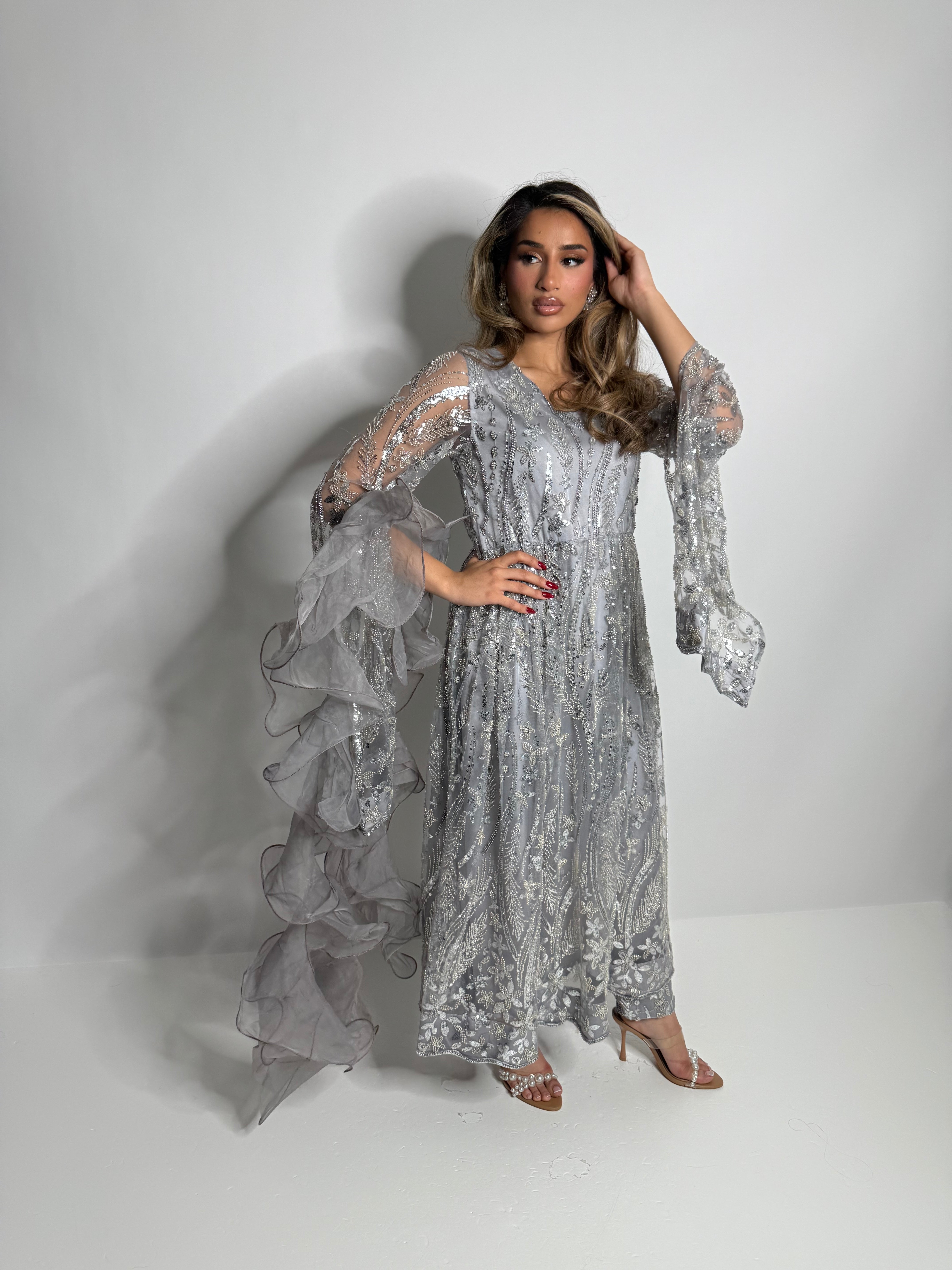 Silver embroidered Pakistani dress with flare sleeves and trousers