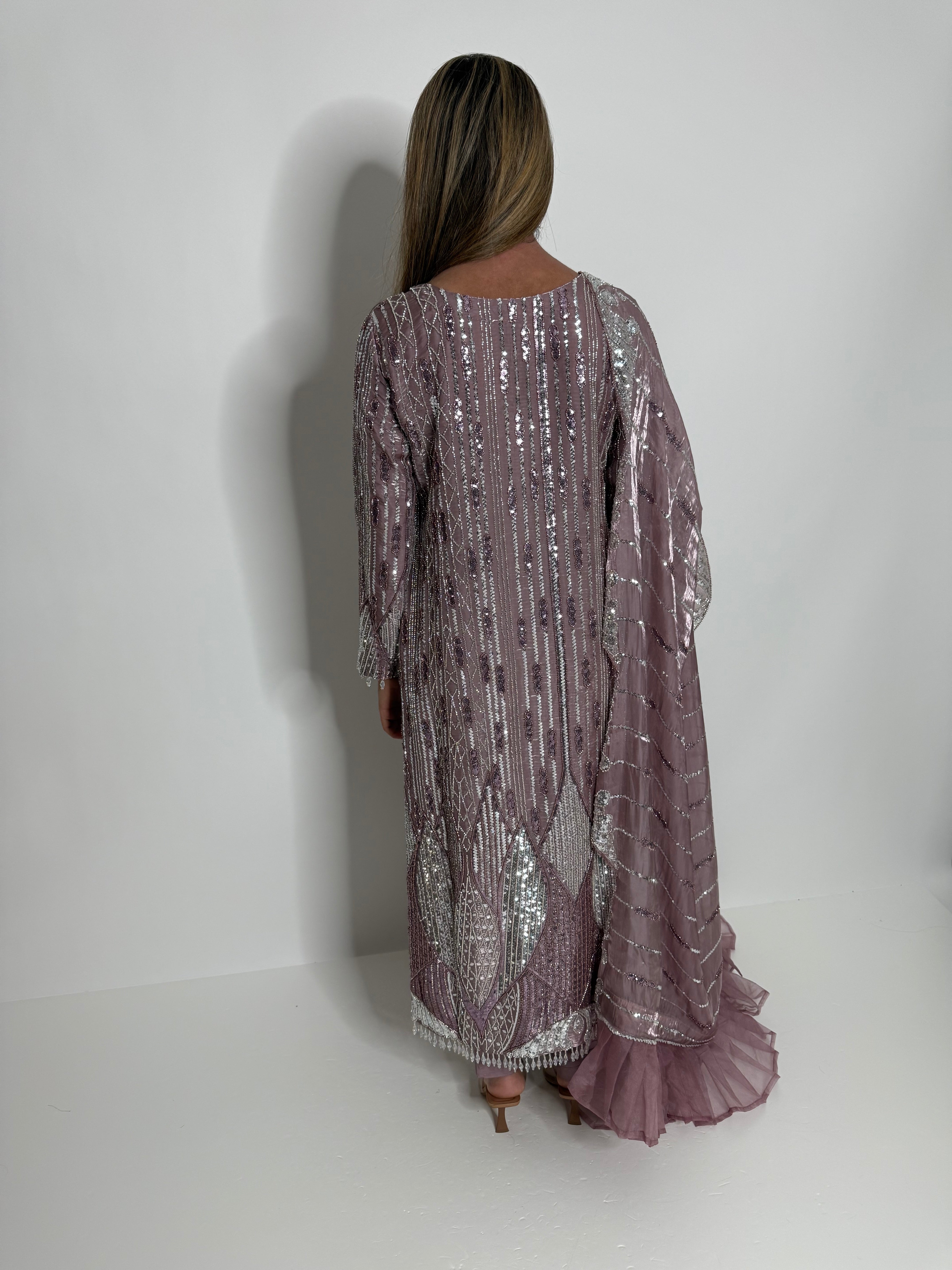 Mauve Pakistani wedding outfit with silk embroidered dupatta