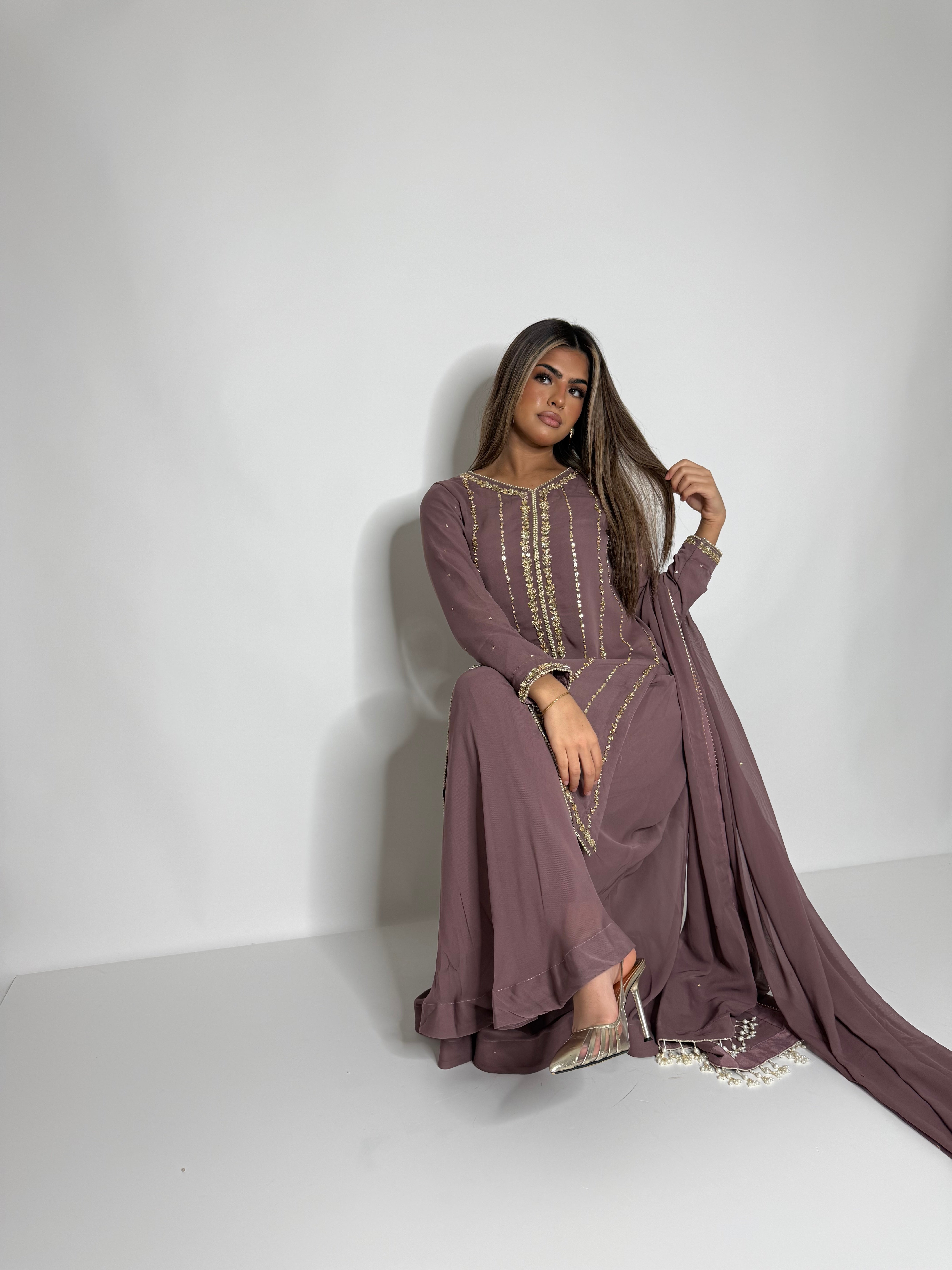 RUMAISA TAUPE GOLD GEORGETTE SHARARA SUIT