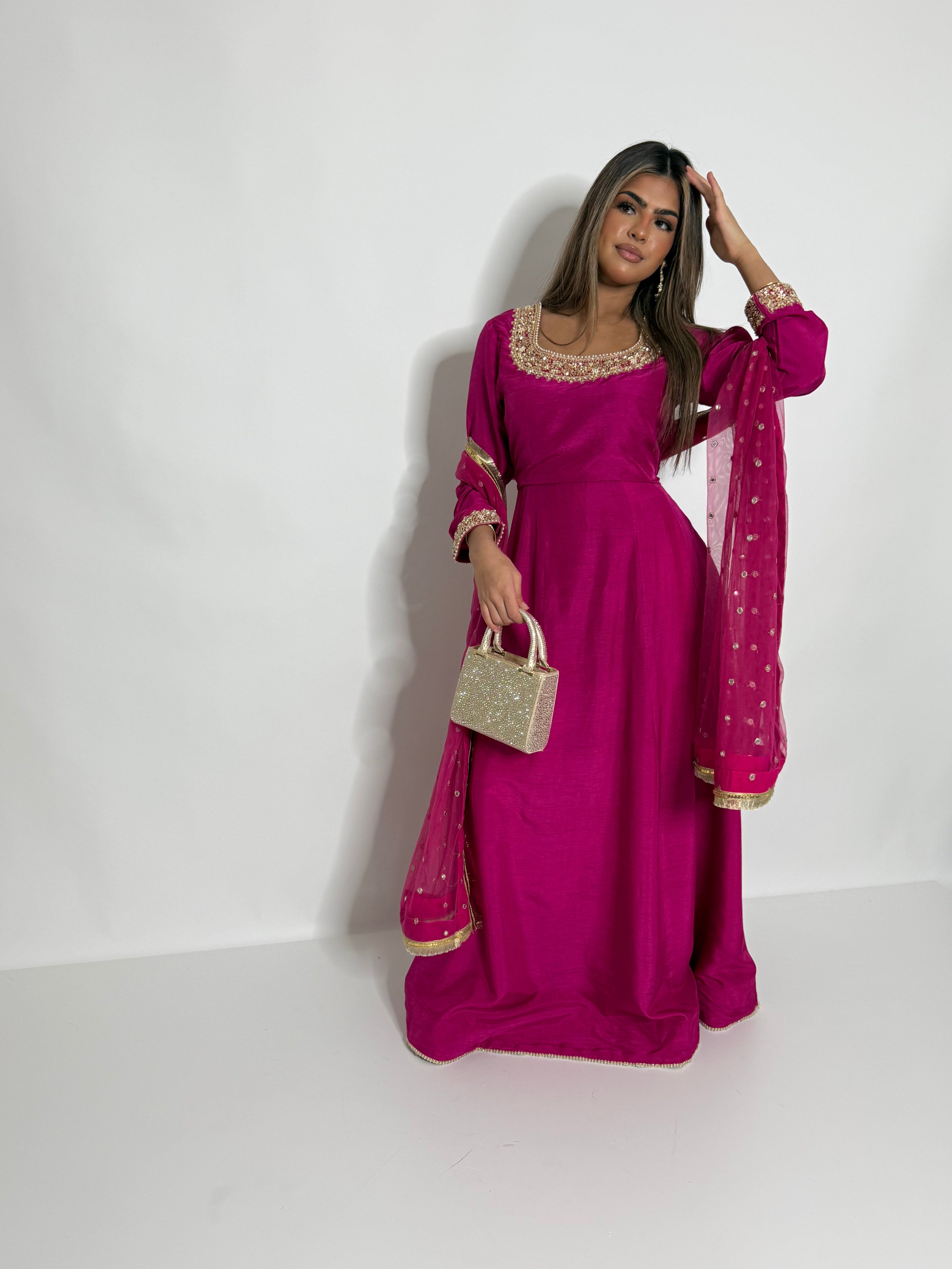 ZOHRA FUCHSIA RAW SILK GOLD EMBROIDERED PAKISTANI EID & MEHNDI DRESS