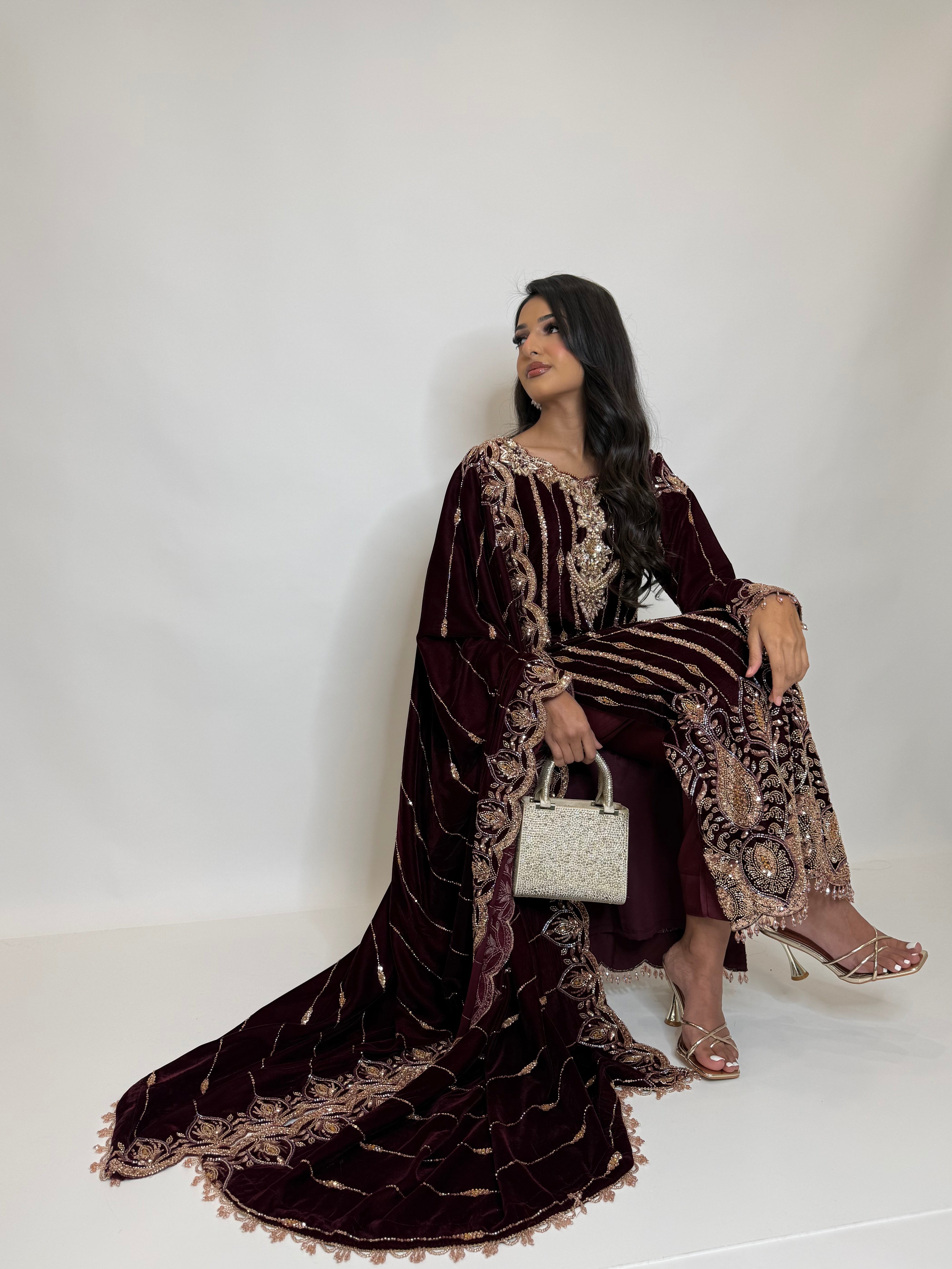 Luxury wine velvet Pakistani dress with embroidered velvet shawl 