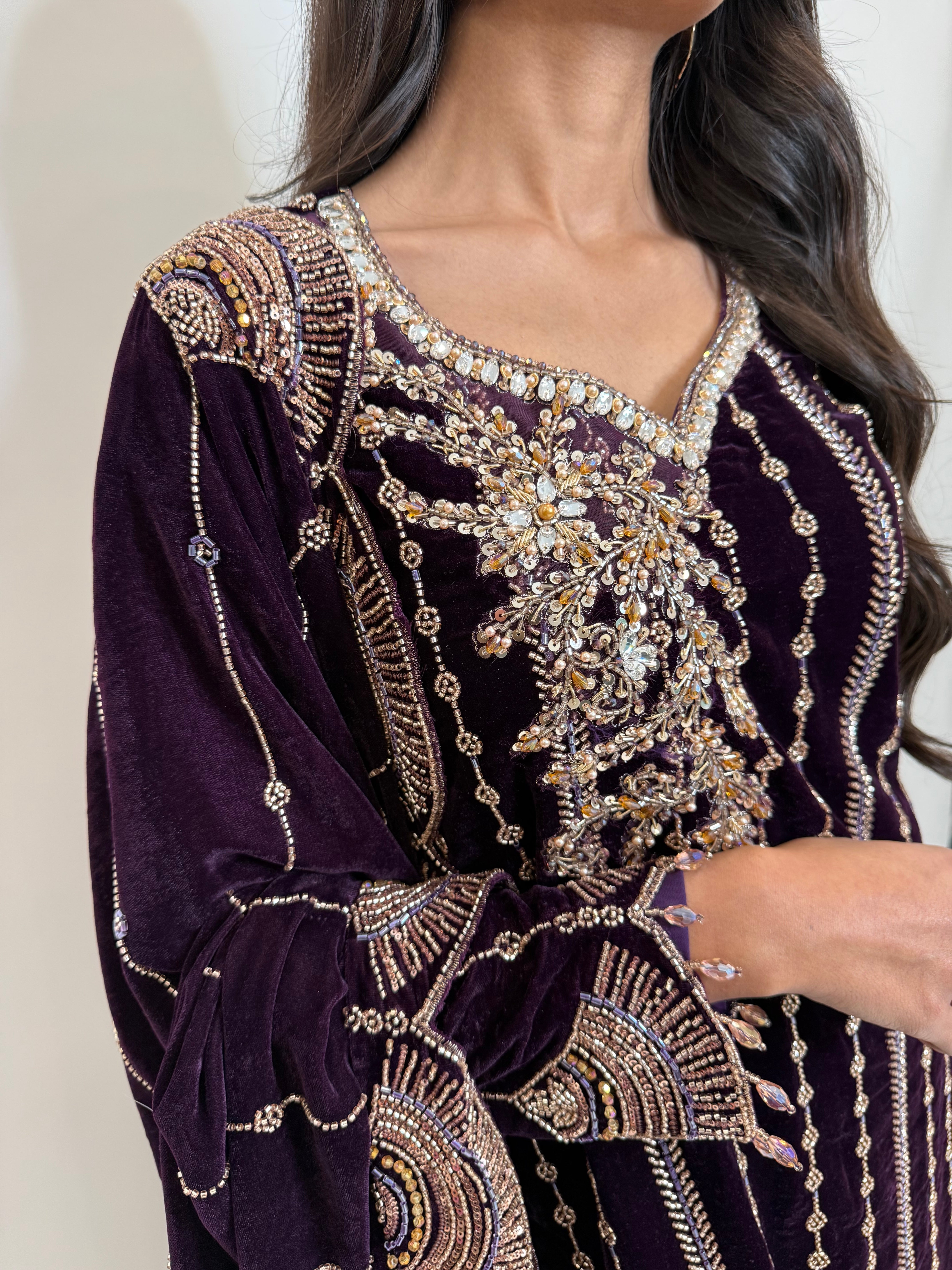 Zarielle Royale | Luxury Deep Violet Velvet Cutdana Embroidered Pakistani Suit (3 Piece)