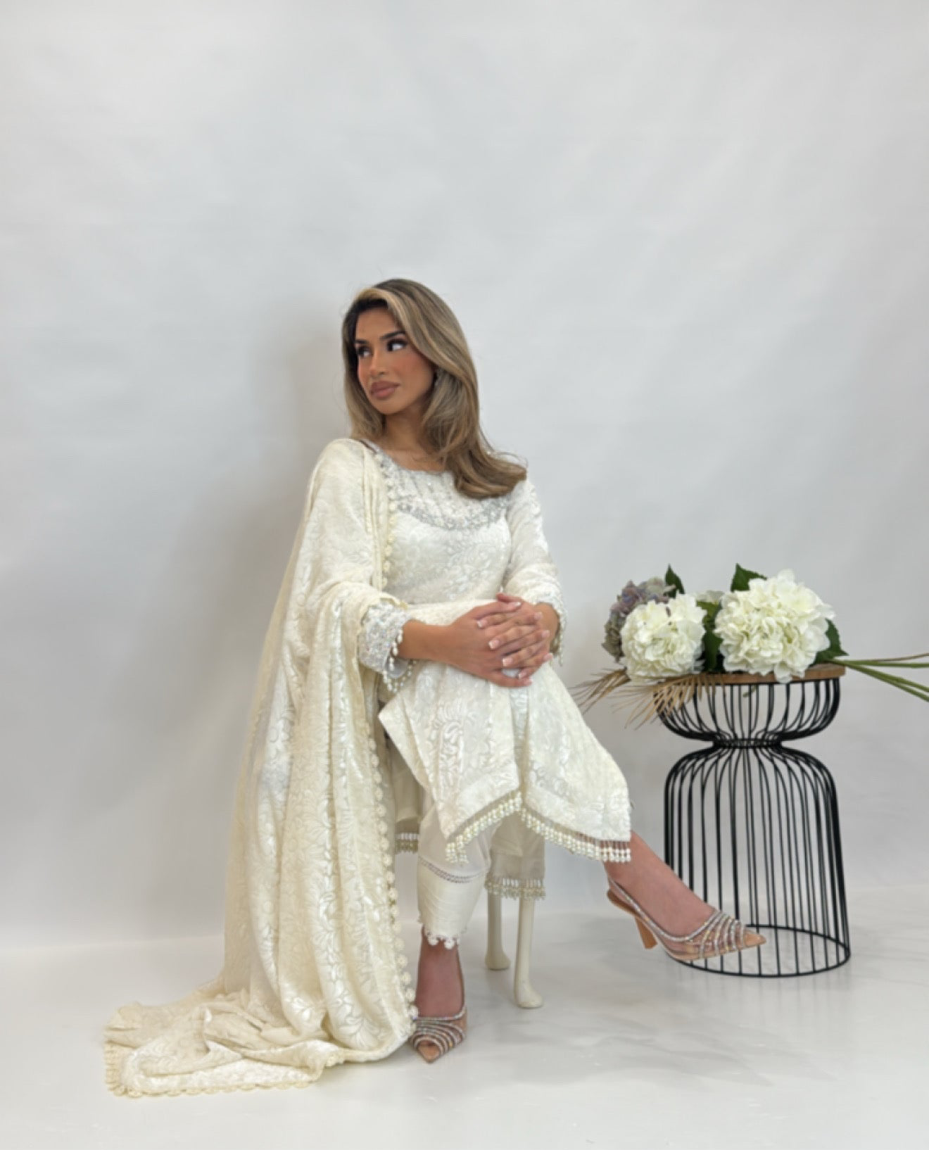 Full three-piece Pakistani outfit in ivory palachi fabric, styled with dupatta