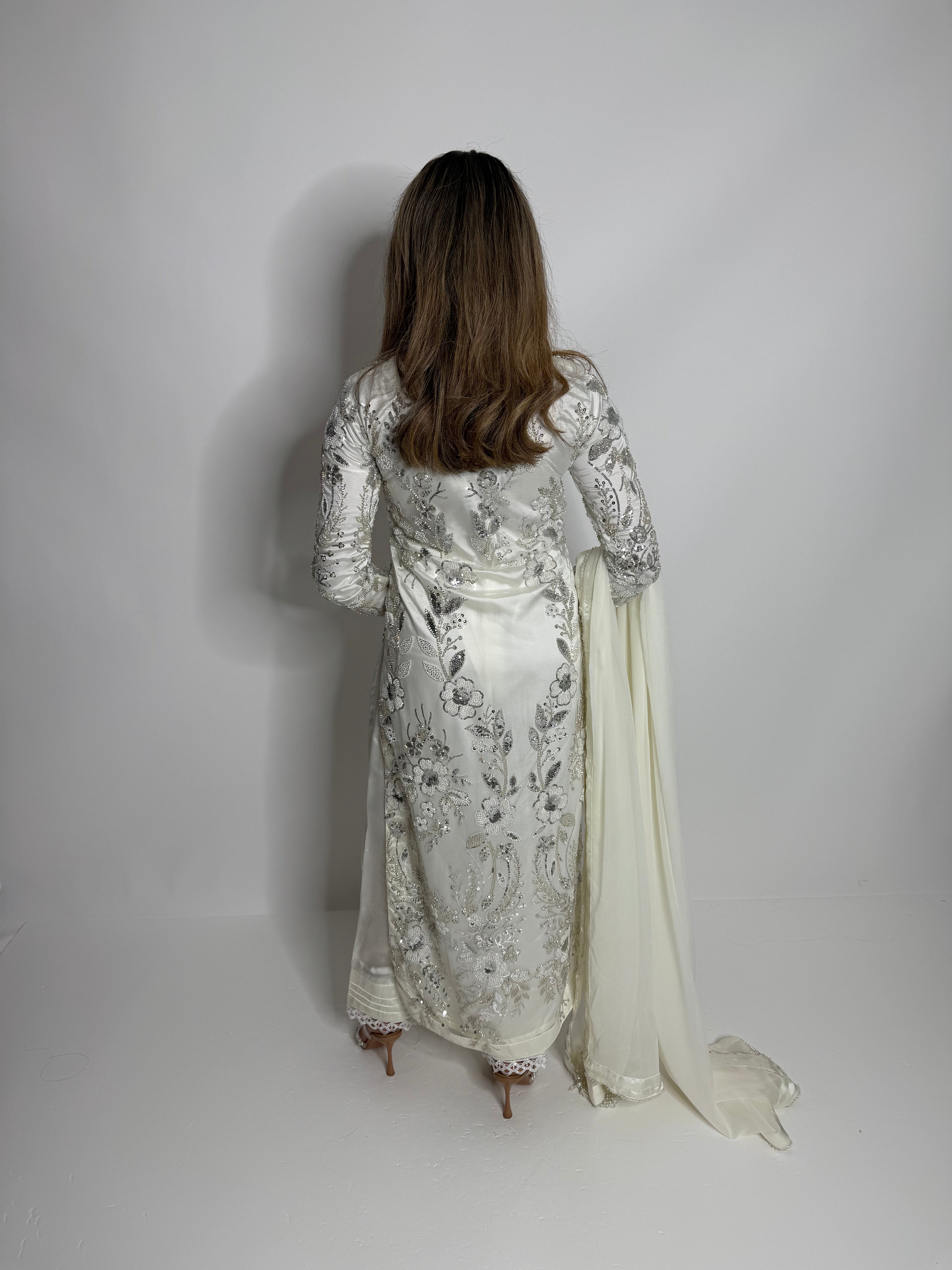 Zerina White Embellished Silk Three-Piece