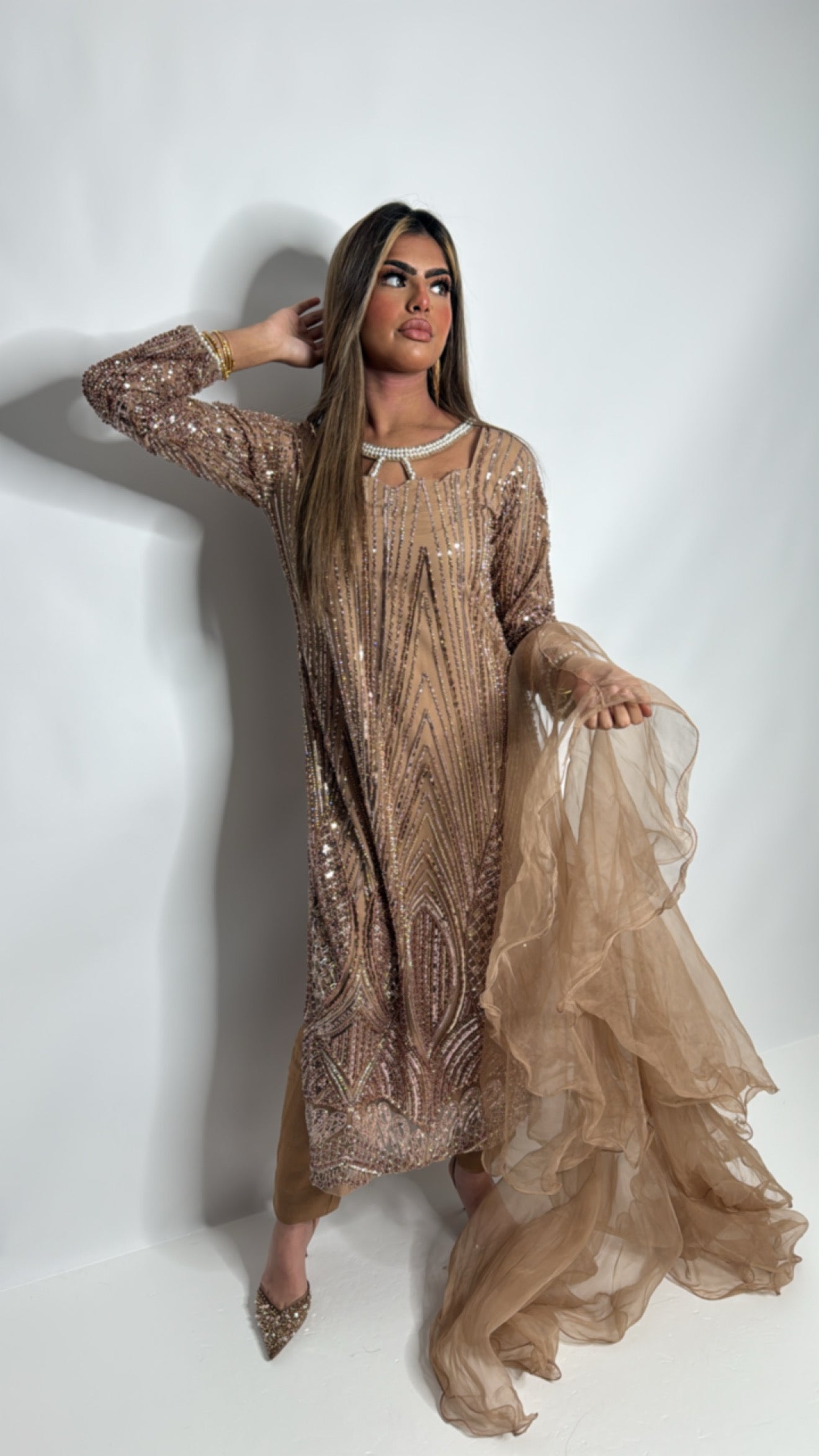 Luxury Pakistani occasionwear featuring cutdana embroidery on front, back and sleeves