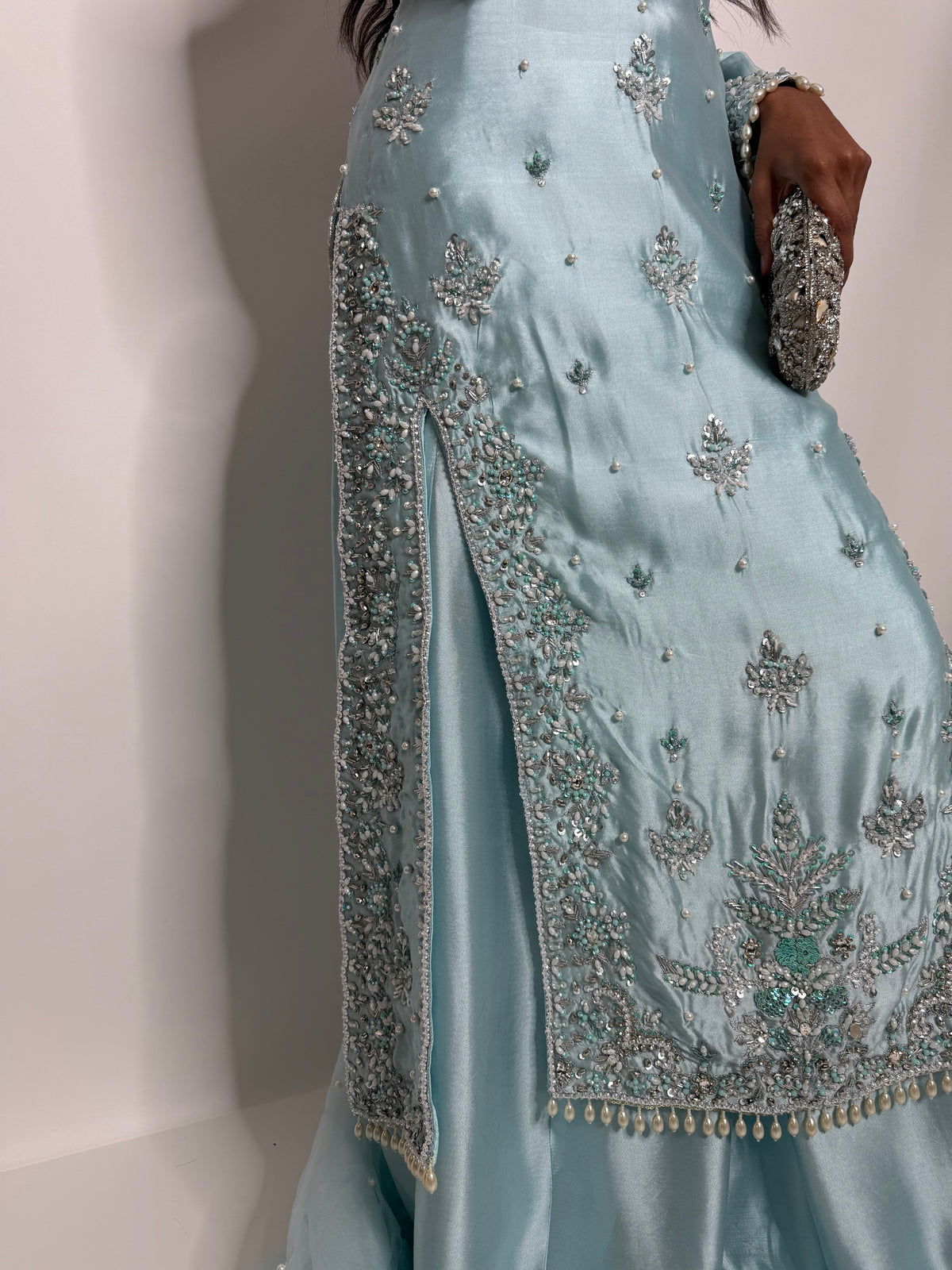 ÉLODIE ICE BLUE HAND EMBELLISHED SILK THREE PIECE SUIT
