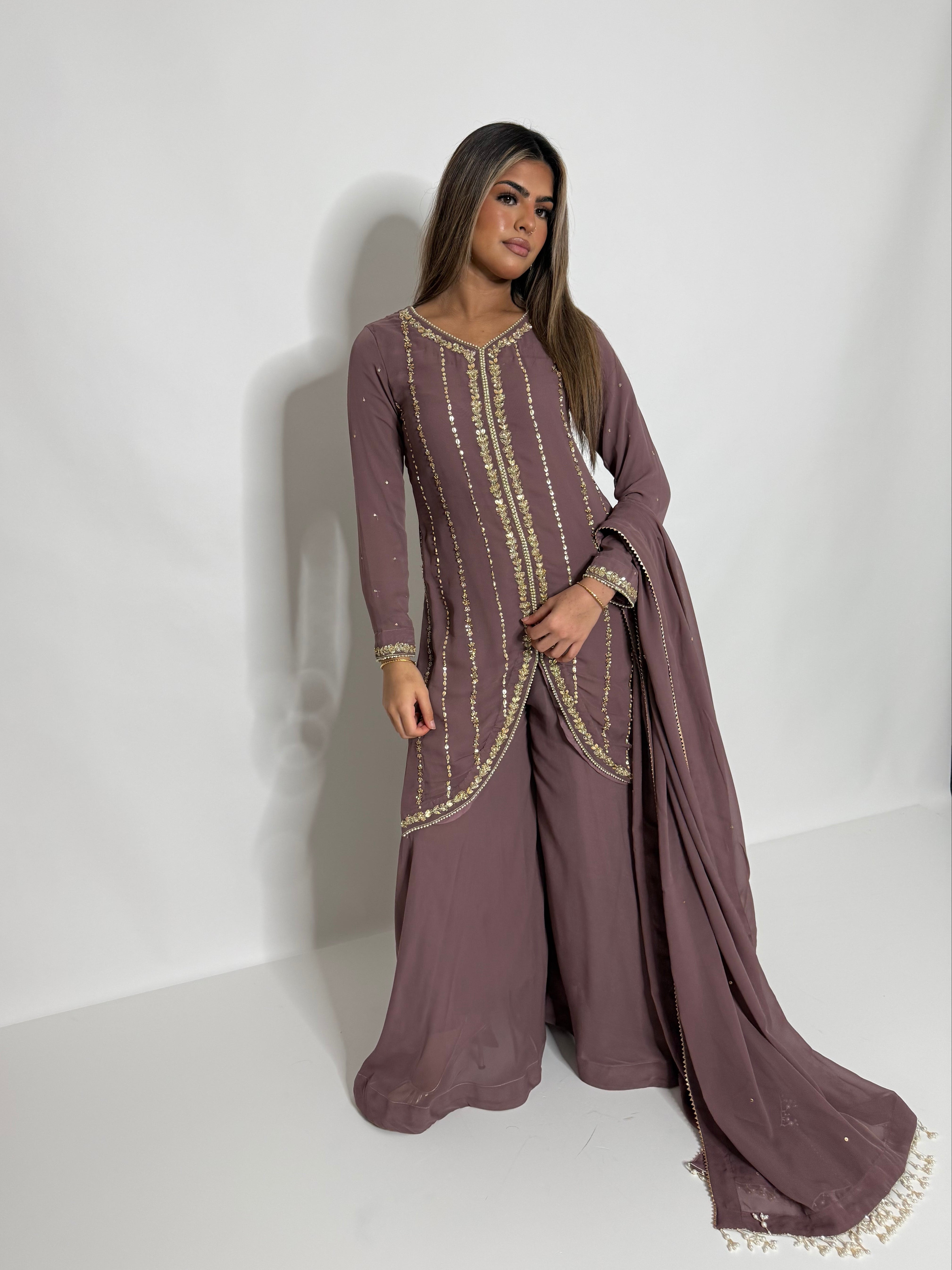 RUMAISA TAUPE GOLD GEORGETTE SHARARA SUIT