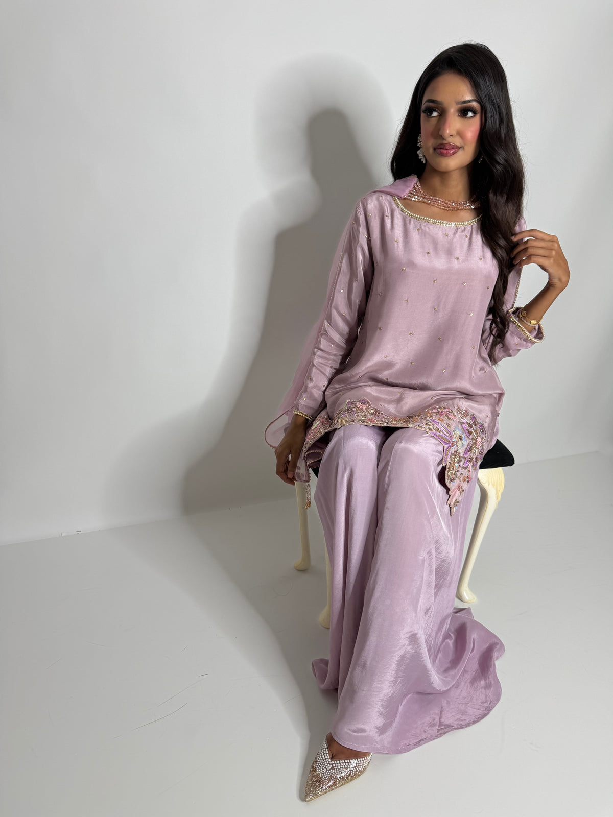 LILAC SILK EMBROIDERED SHARARA THREE PIECE SUIT | THE LILIANA