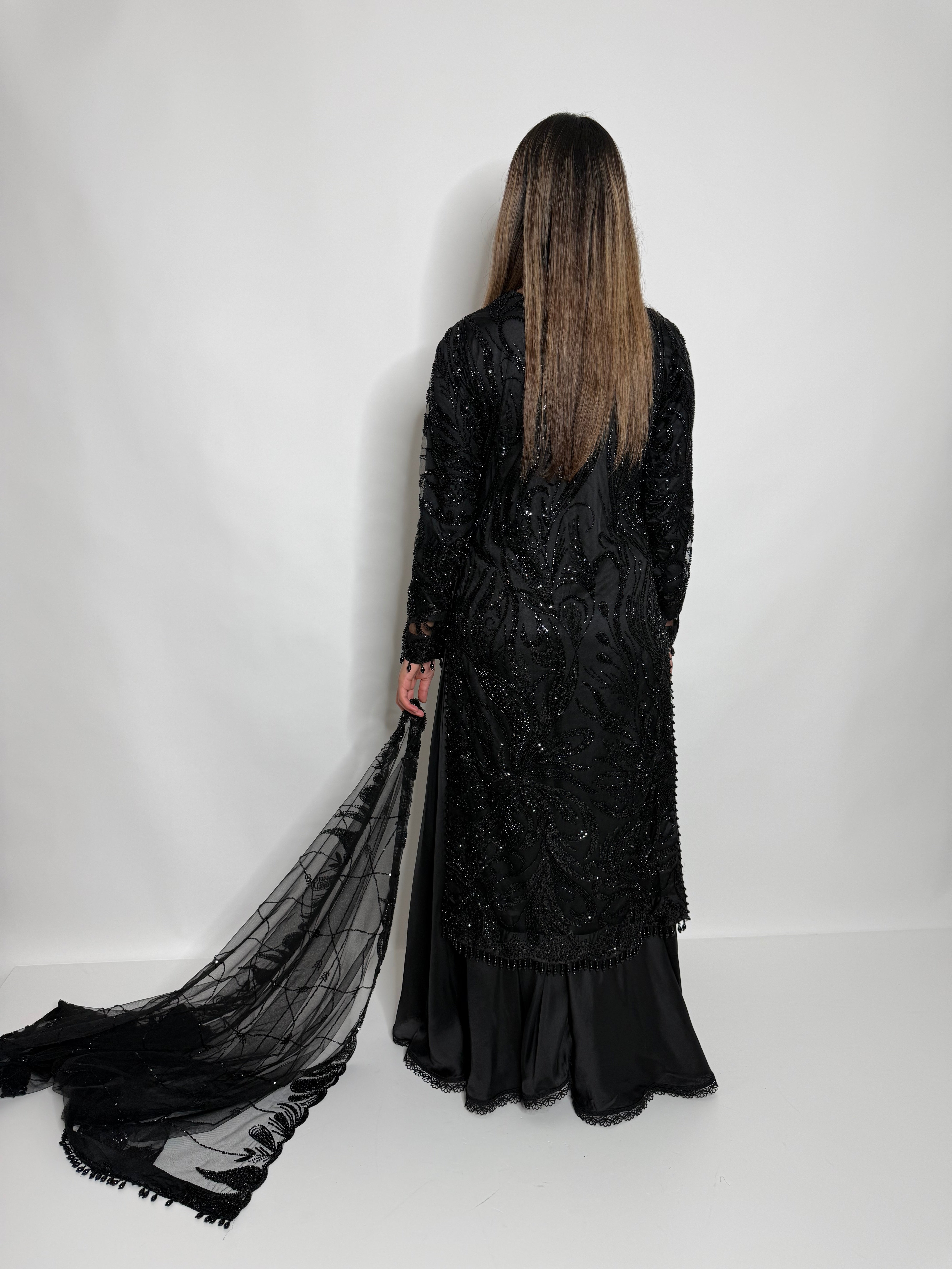 NOIRAH BLACK CUTDANA HAND EMBROIDERED SILK SHARARA THREE-PIECE EID & WEDDING FORMAL