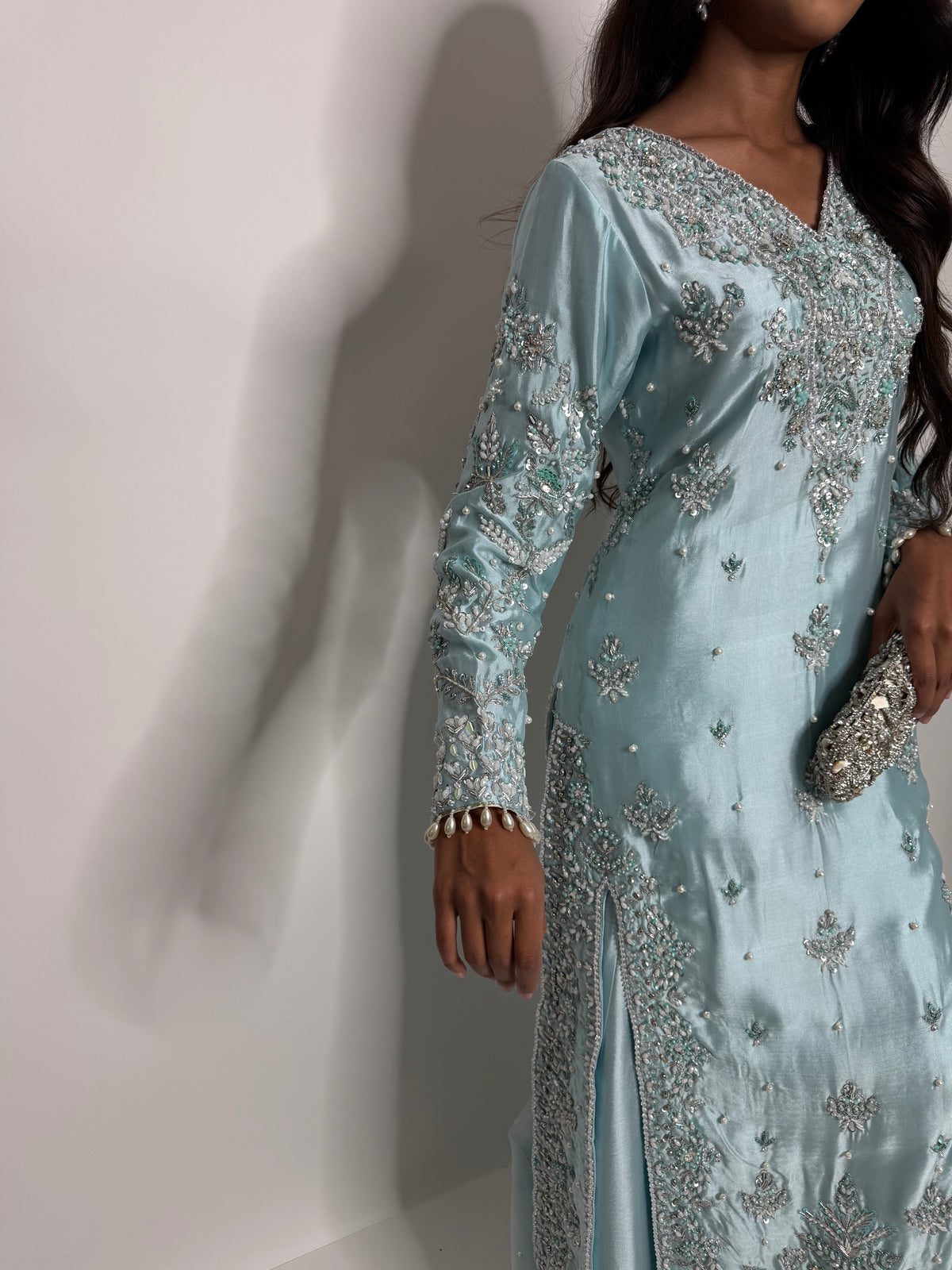 ÉLODIE ICE BLUE HAND EMBELLISHED SILK THREE PIECE SUIT