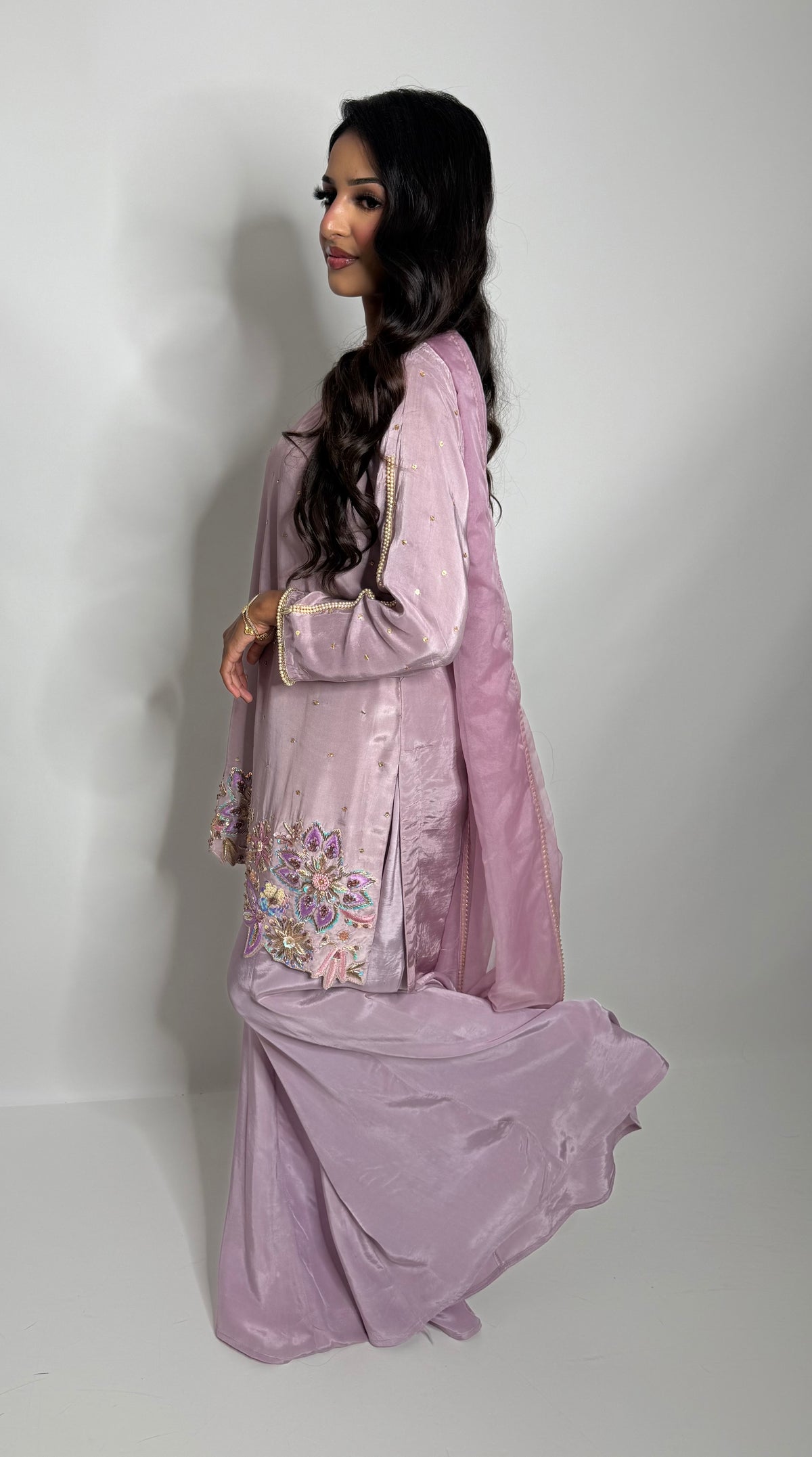 LILAC SILK EMBROIDERED SHARARA THREE PIECE SUIT | THE LILIANA