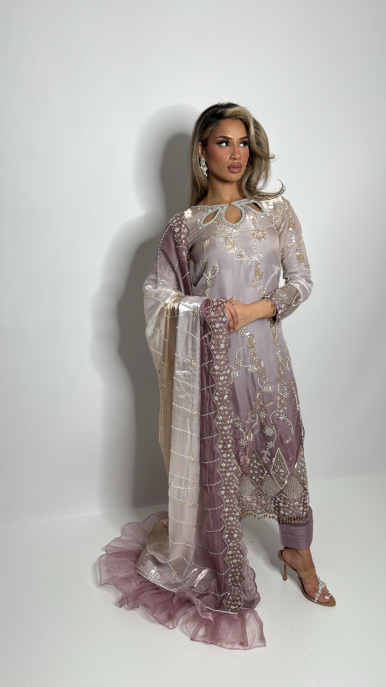 Ombré silk cutdana embroidered Pakistani suit with dupatta