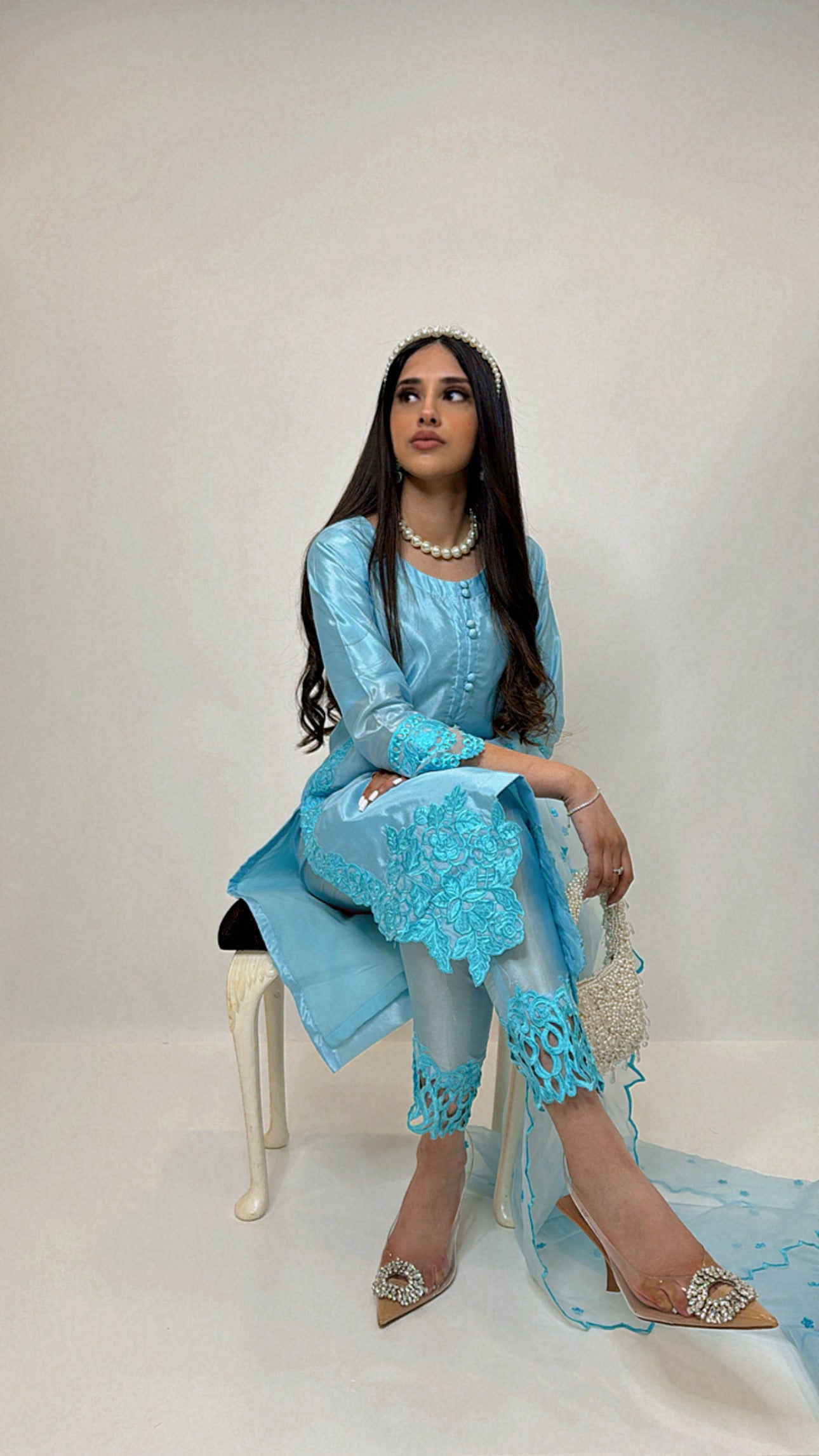 Zayna – Sky Blue Kattan Silk Pakistani Three Piece Suit