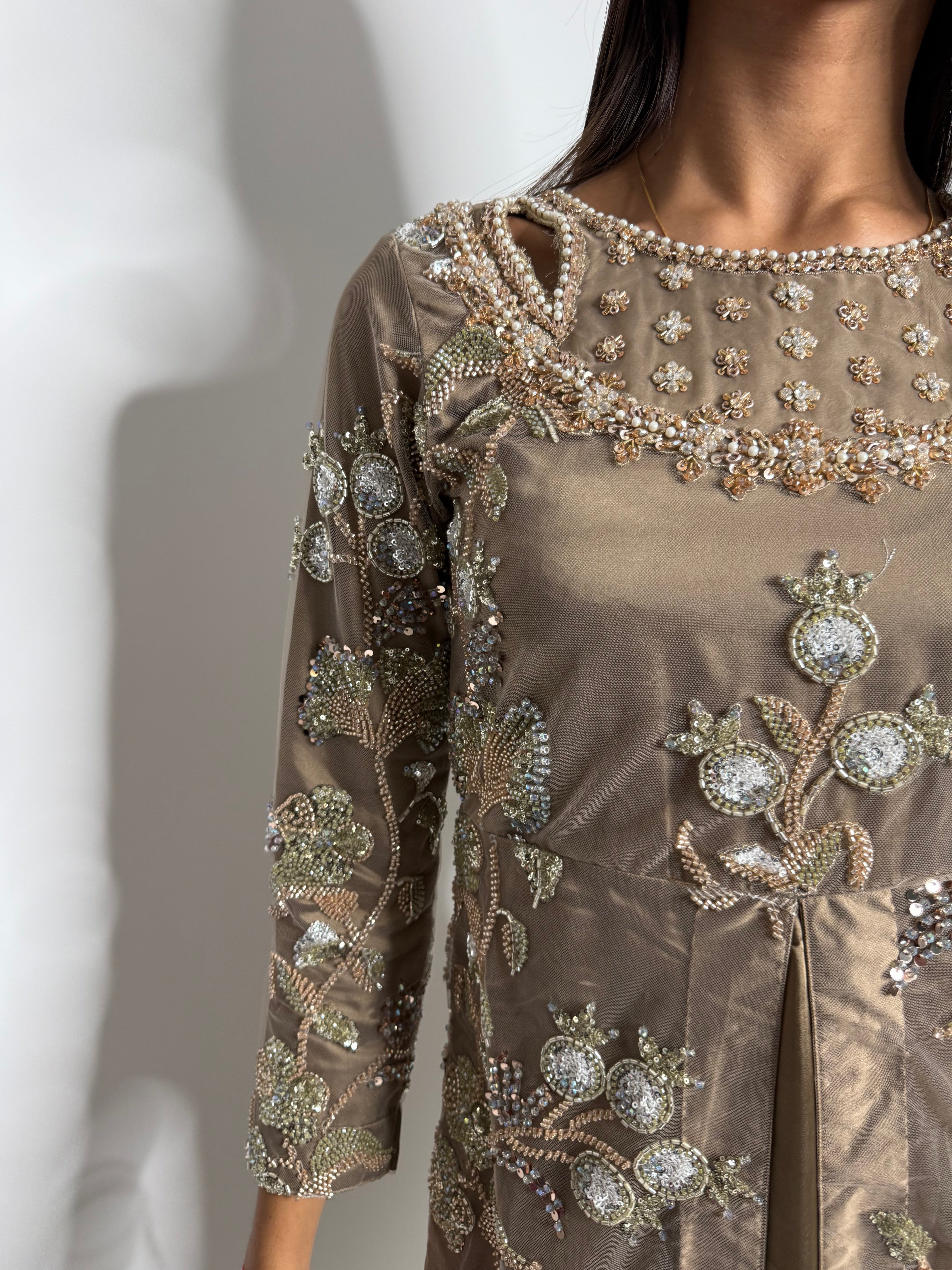 Noorah – Embellished Taupe Three-Piece Set