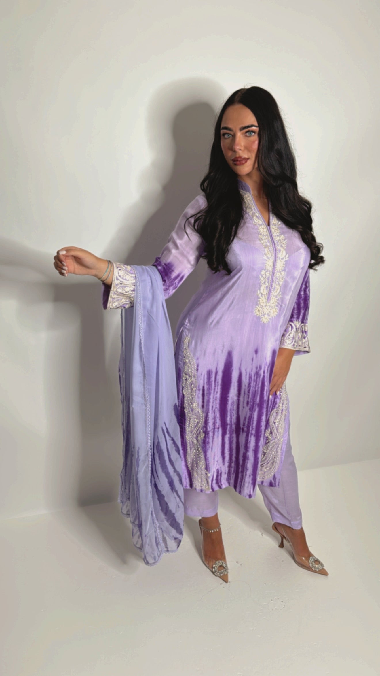 Nerisse lilac silk embroidered Pakistani suit with subtle tie-dye wash”