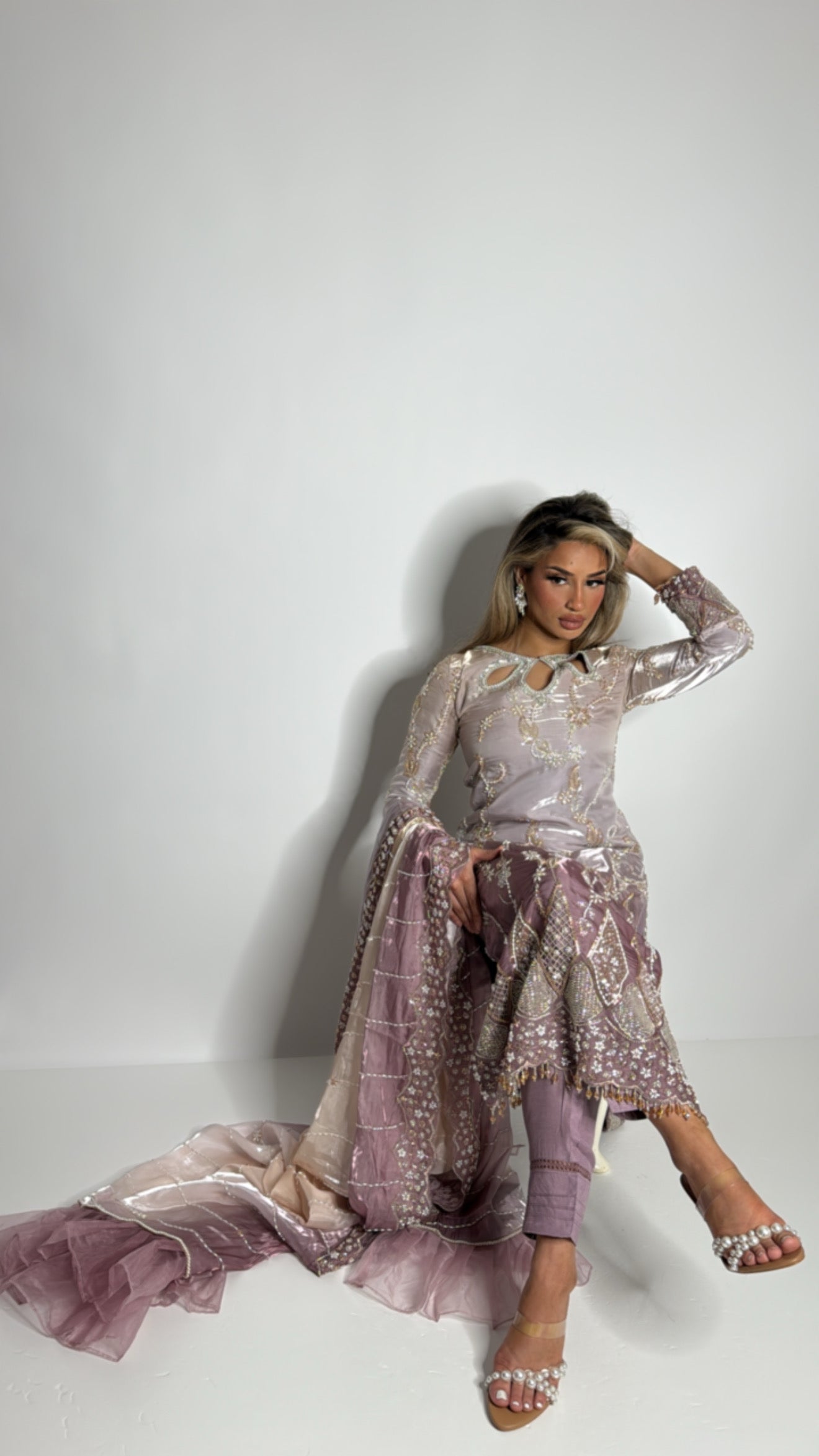 Front and back cutdana embroidery on silk Pakistani dress
