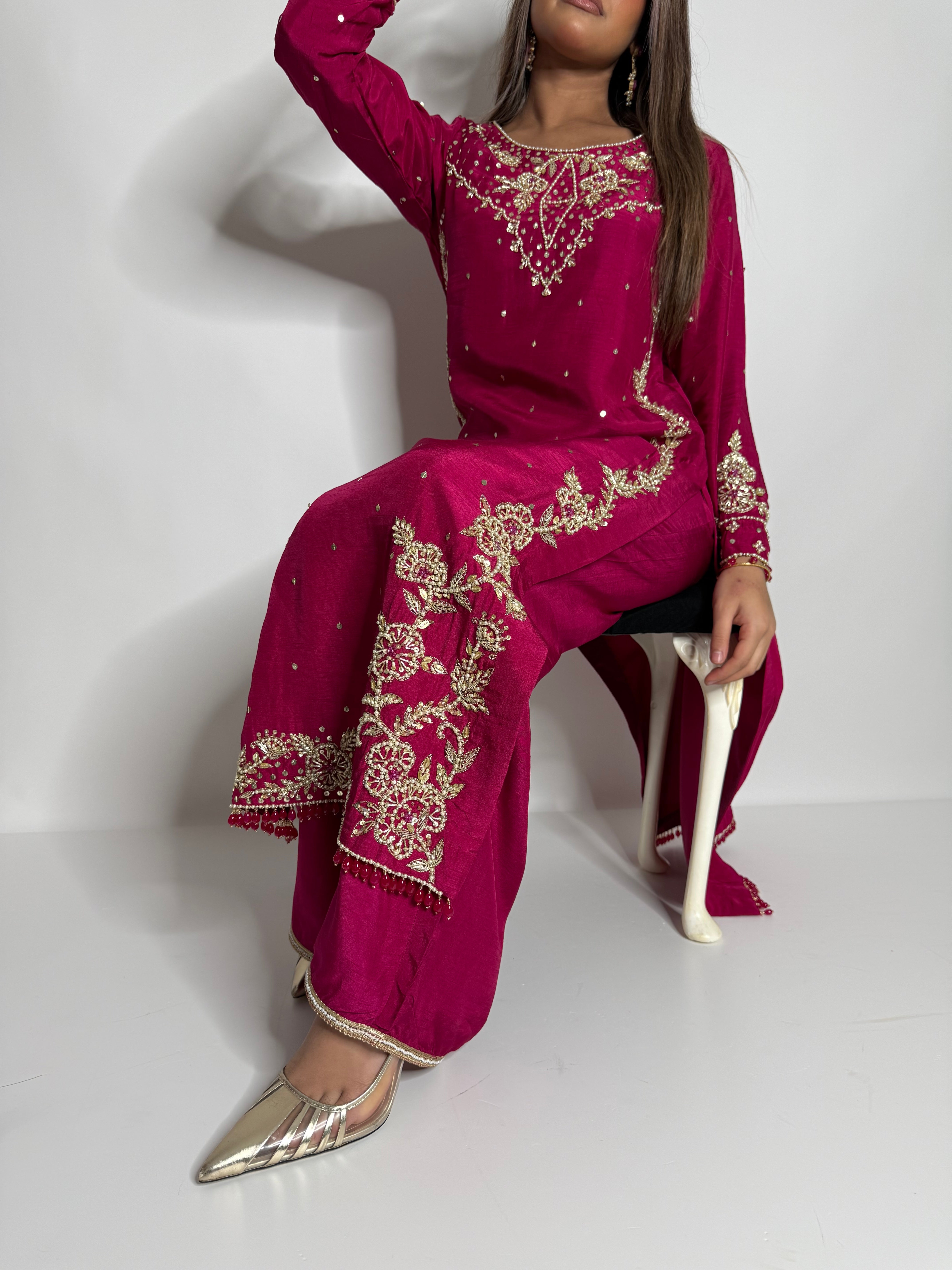 Hot Pink Raw Silk Three Piece Suit UK | The Celestine