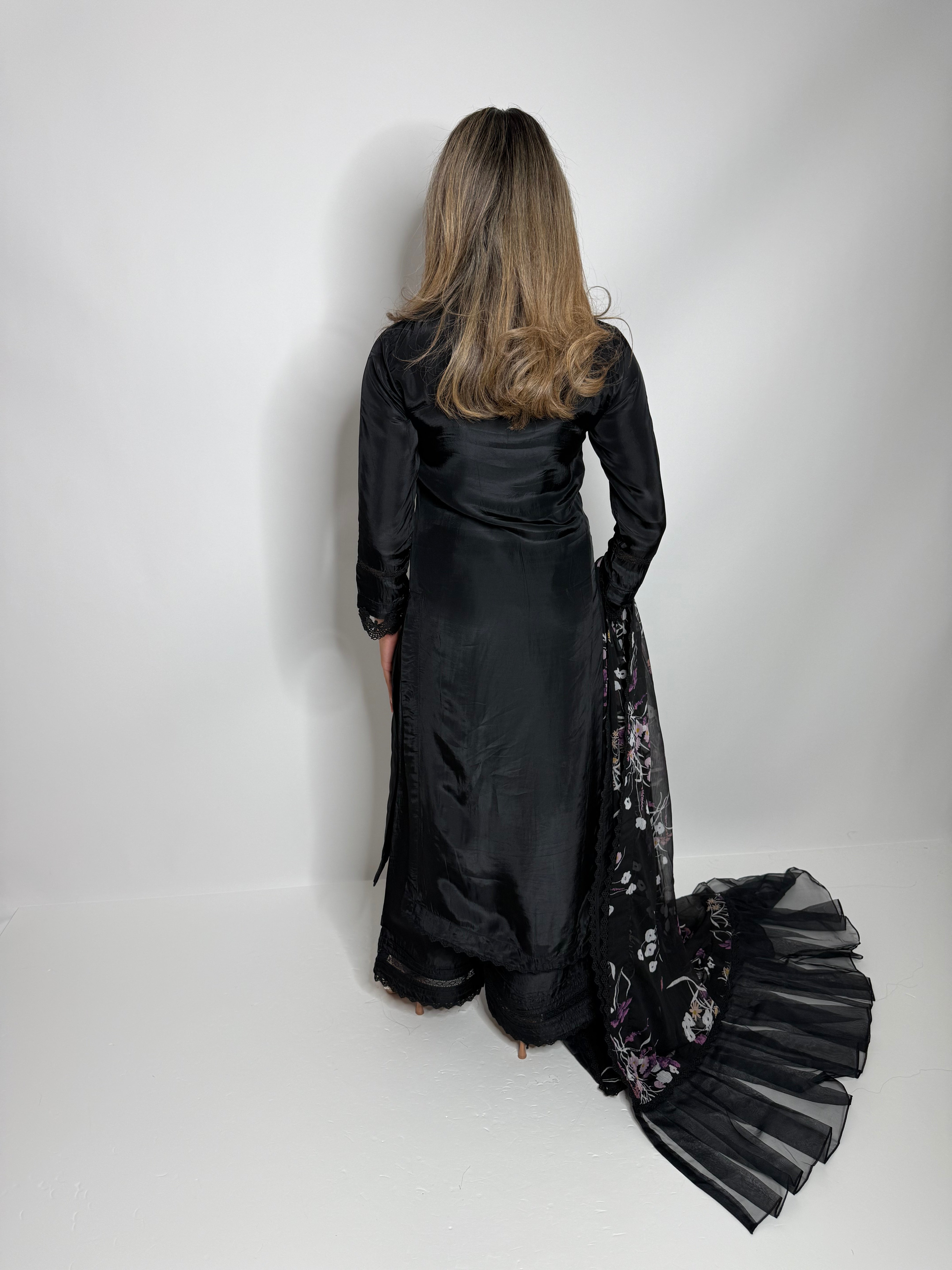 Maelis Noir Silk Three-Piece with Printed Dupatta