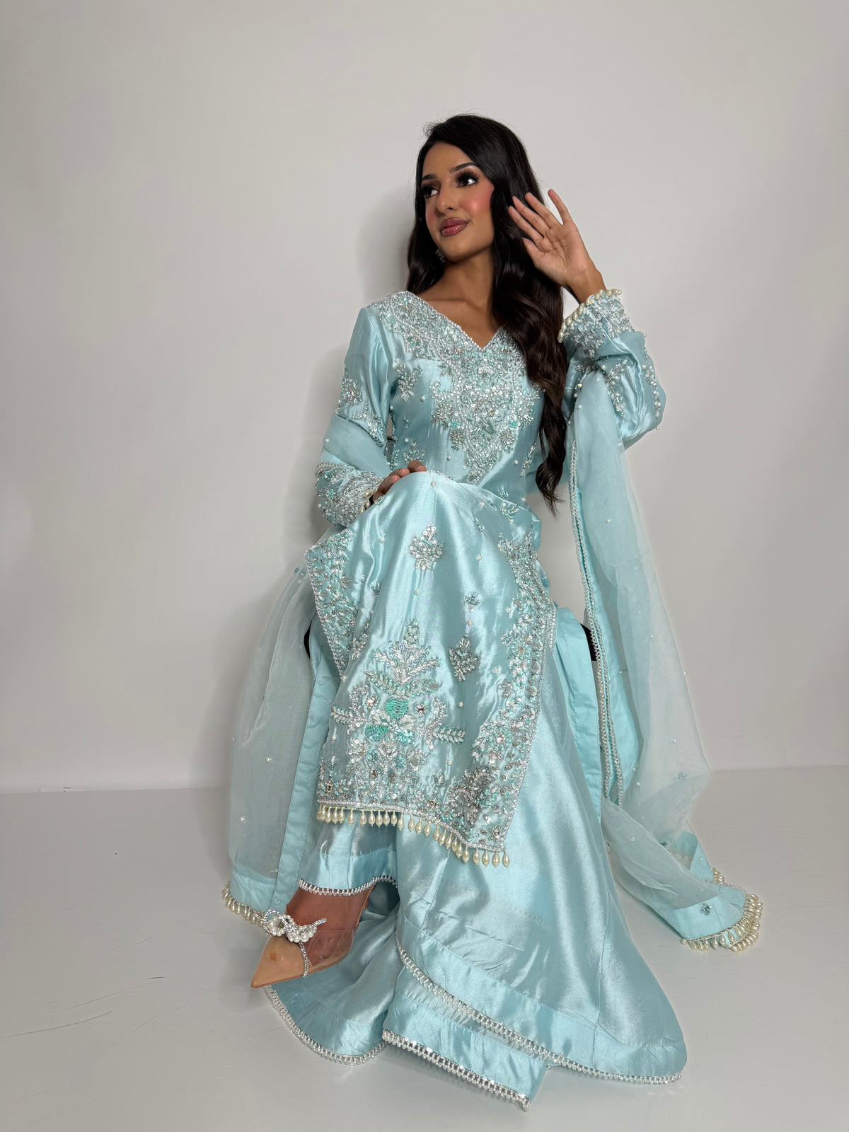 ÉLODIE ICE BLUE HAND EMBELLISHED SILK THREE PIECE SUIT