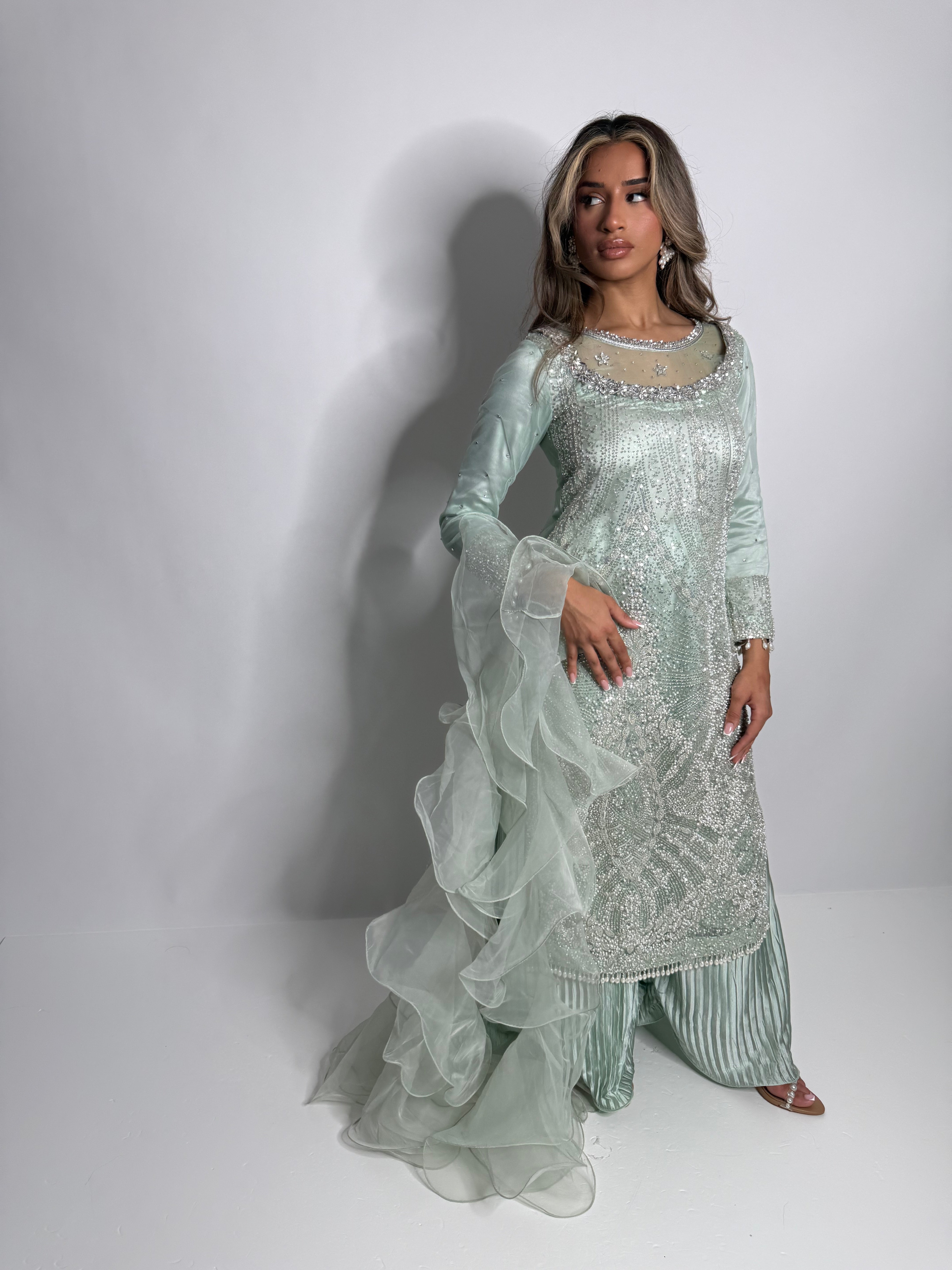 Ameliyana Boutique Orelia Mint Formal Three-Piece with silver embroidery, farshi trousers, and ruffle chiffon dupatta
